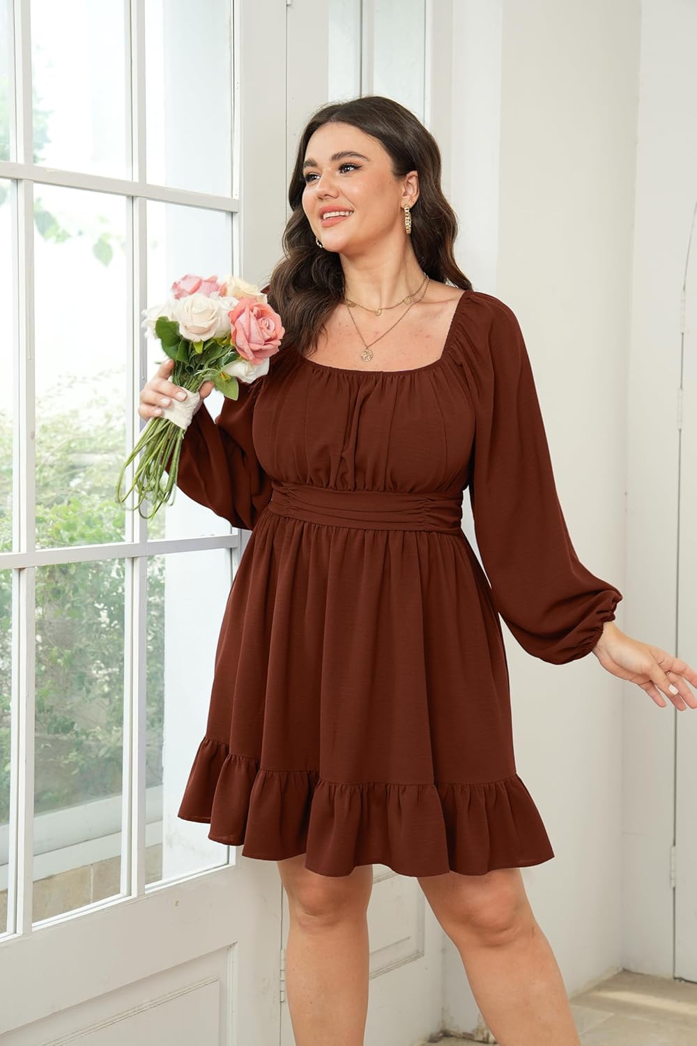 Womens Plus Size Dress Long Lantern Sleeve Square Neck Elastic Waist A-Line Mini Short Dress - Image 7