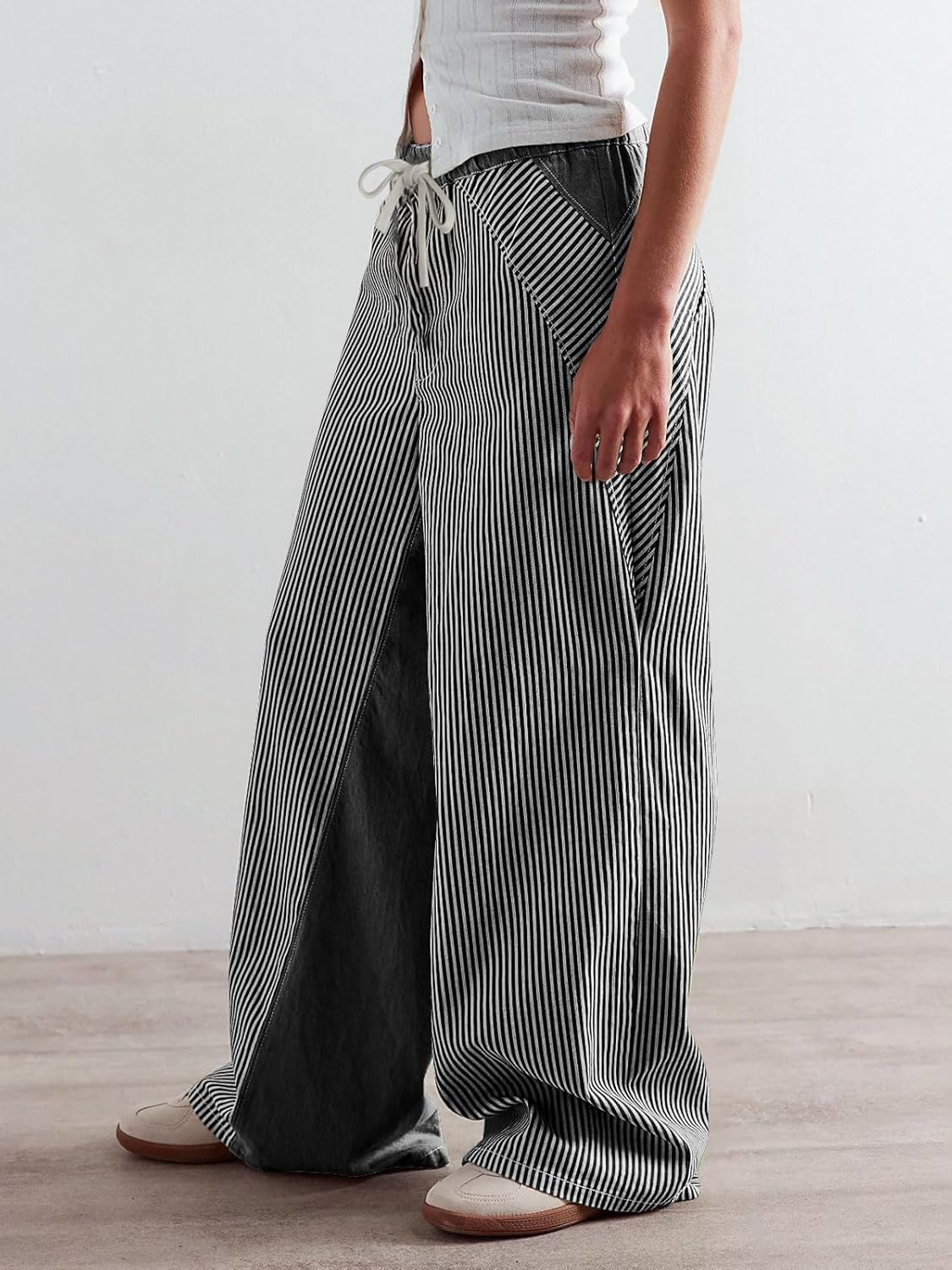 Women Low Rise Draw String Pants Casual Loose Fit Palazzo Jeans Trendy Black Grey and White - Image 3