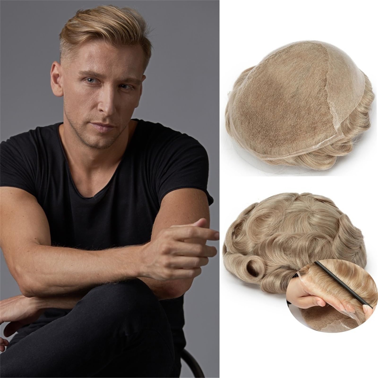 Tupecik męski Koronkowa peruka męska z podstawą PU w ​​kolorze blond ludzkich włosów