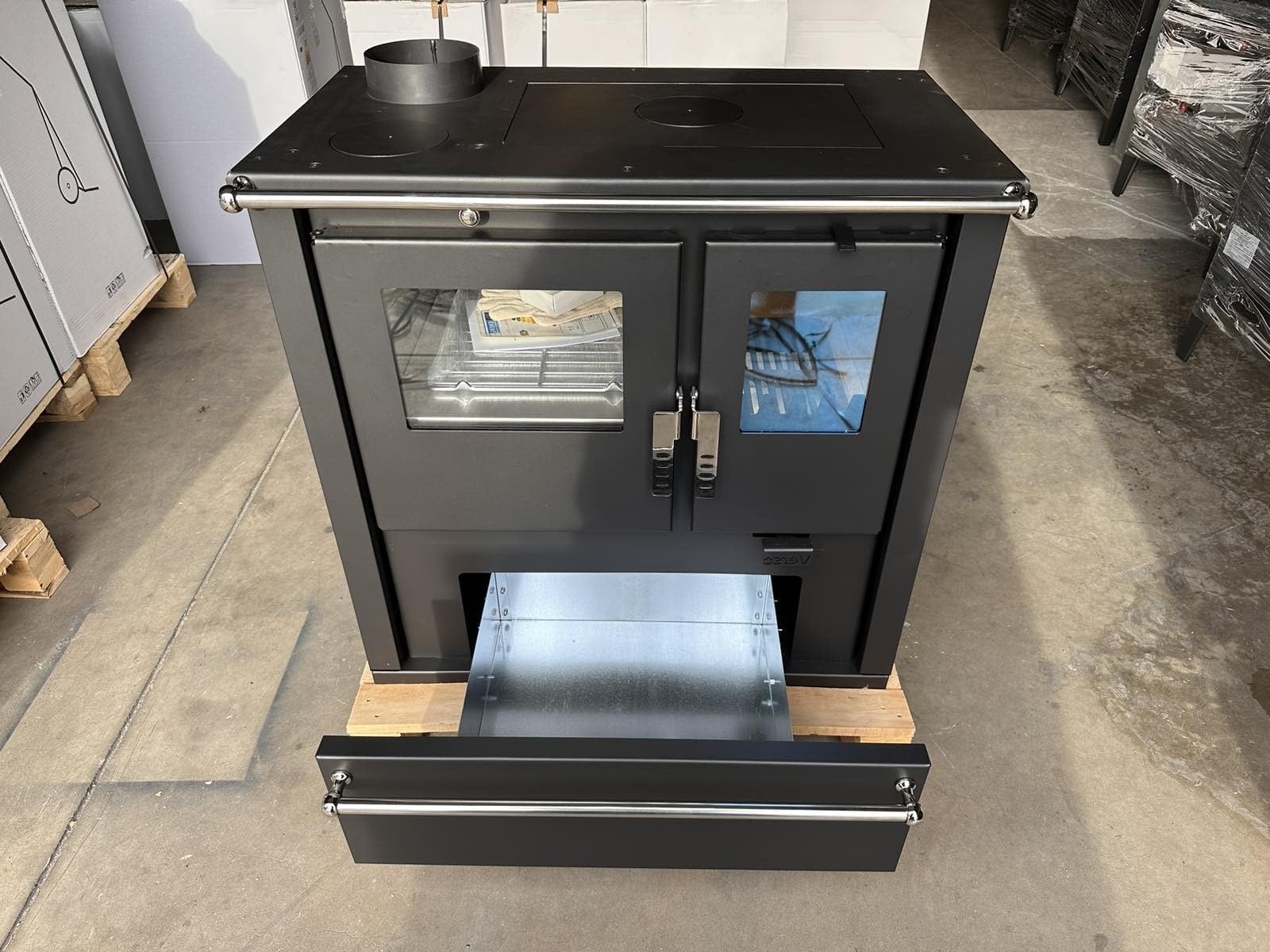 Poêle à bois Verso Cs Plus à gauche 7,7 kW grand compartiment de cuisson acier inoxydable