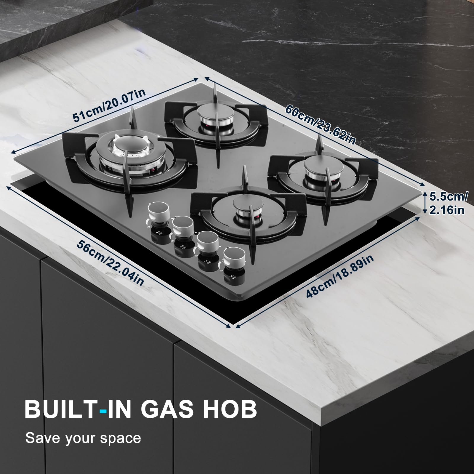 Victoam 7400W Gas Hobs 4 Burners, NG/LPG Convertible Induction Hob, 60cm Built-in Tempered Glass Panel, Electronic Lgnition + Flame Failure Protection (Black) - 3