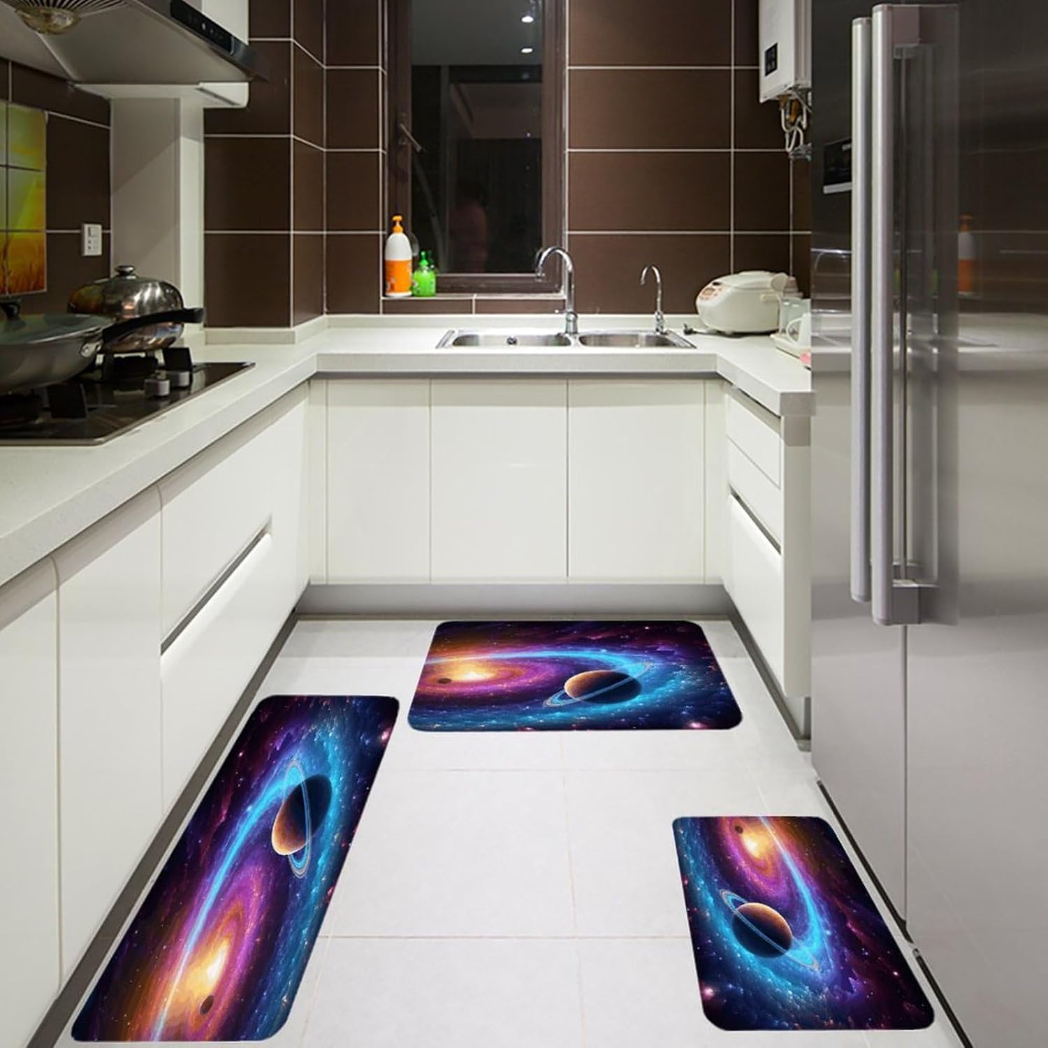 Colorful Solar System Kitchen Rugs Sets of 3 Washable Non Slip Kitchen Rug Water Resistant Carpet Piece Anti Fatigue Kitchen Mats Soft Comfort Standing Mat Modern Area Rug
