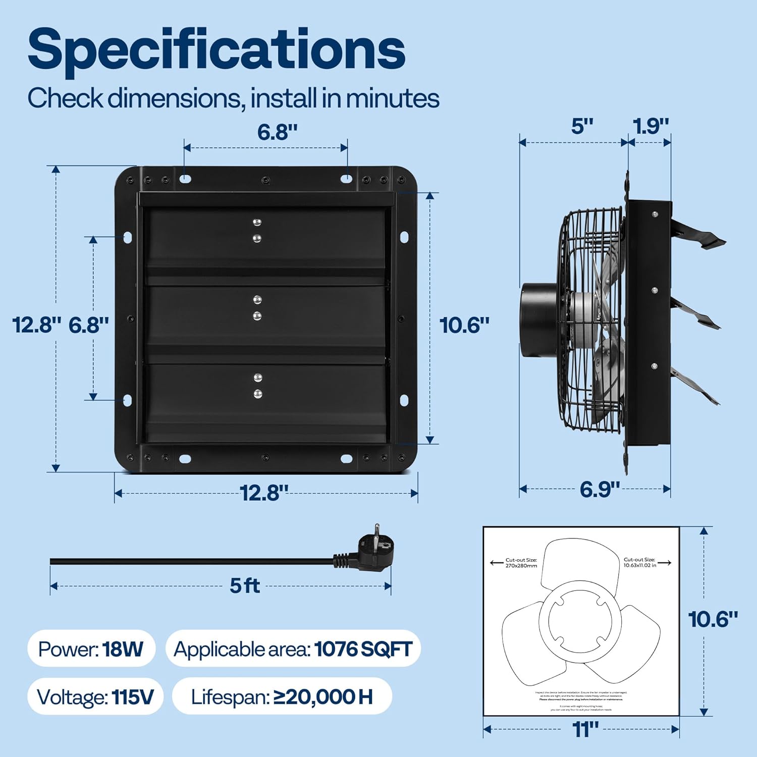 VIVOHOME 10" Shutter Exhaust Fan with EC Motor 900 CFM, Variable Speed, Timer, Wall-Mounted for Attic, Garage, Greenhouse, Chicken Coop, Barn Ventilation, 115V