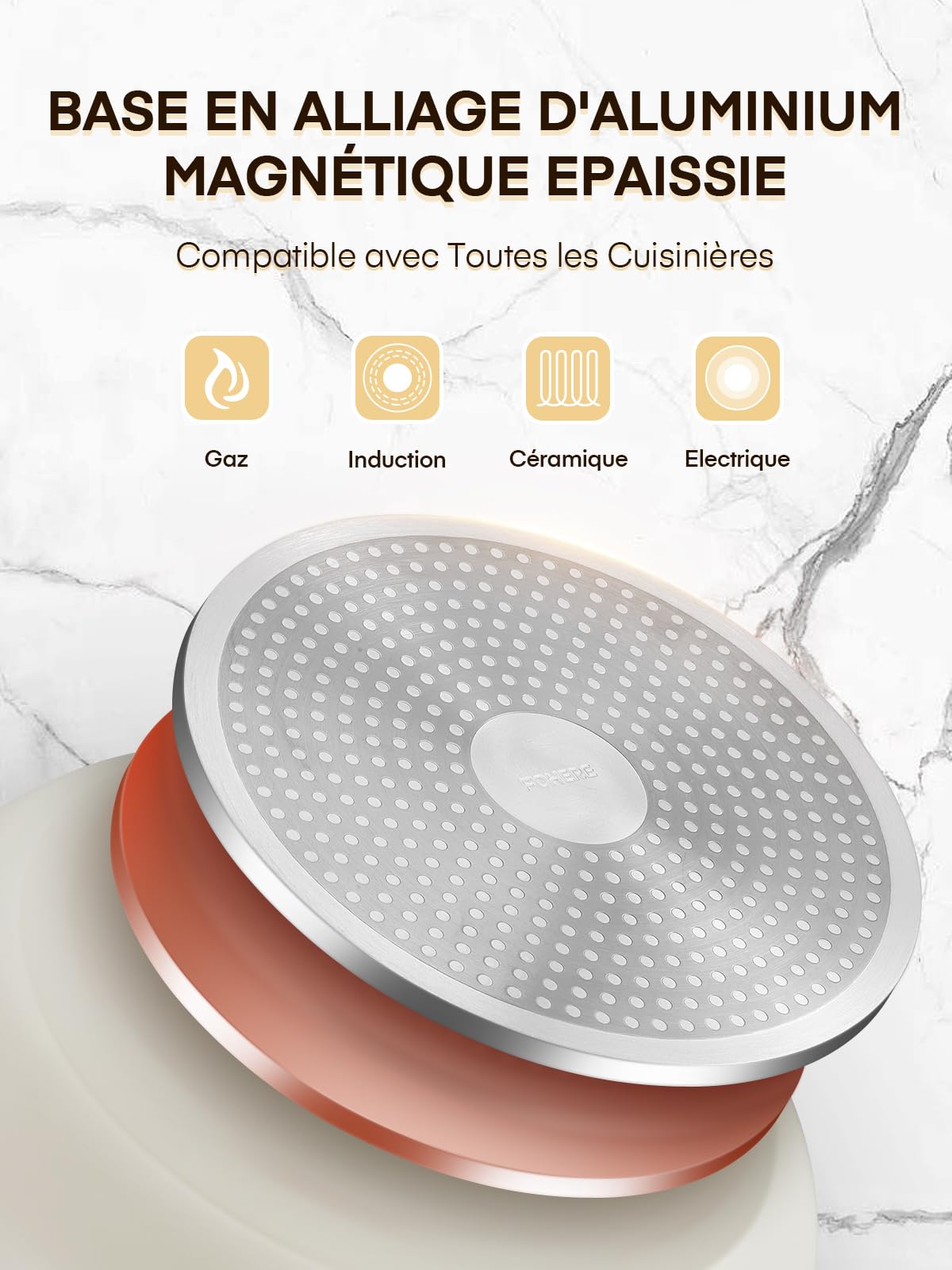 FOHERE Lot de 3 Poêles 20/24/28 cm avec Poignée Amovible, Poele Induction pour Tous les Types de Plaques de Cuisson, Poele Ceramique, Passe au four et au Lave-vaisselle, Aluminium, Beige