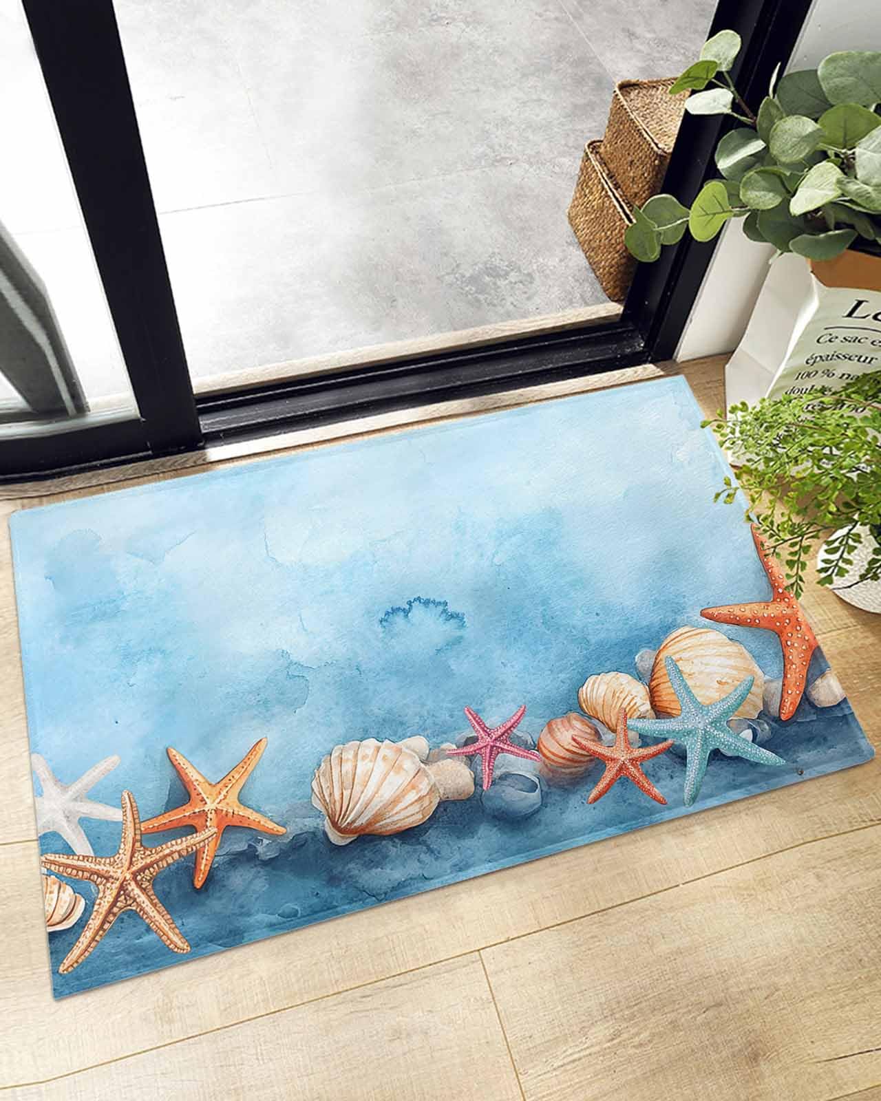 Indoor Doormat Watercolor Ocean Starfish Shell,Shaggy Floor Mat with Non-Skid Backing Marine Life on Light Blue,Machine Washable Plush Area Rug Carpets for Kitchen Nursery Bedroom