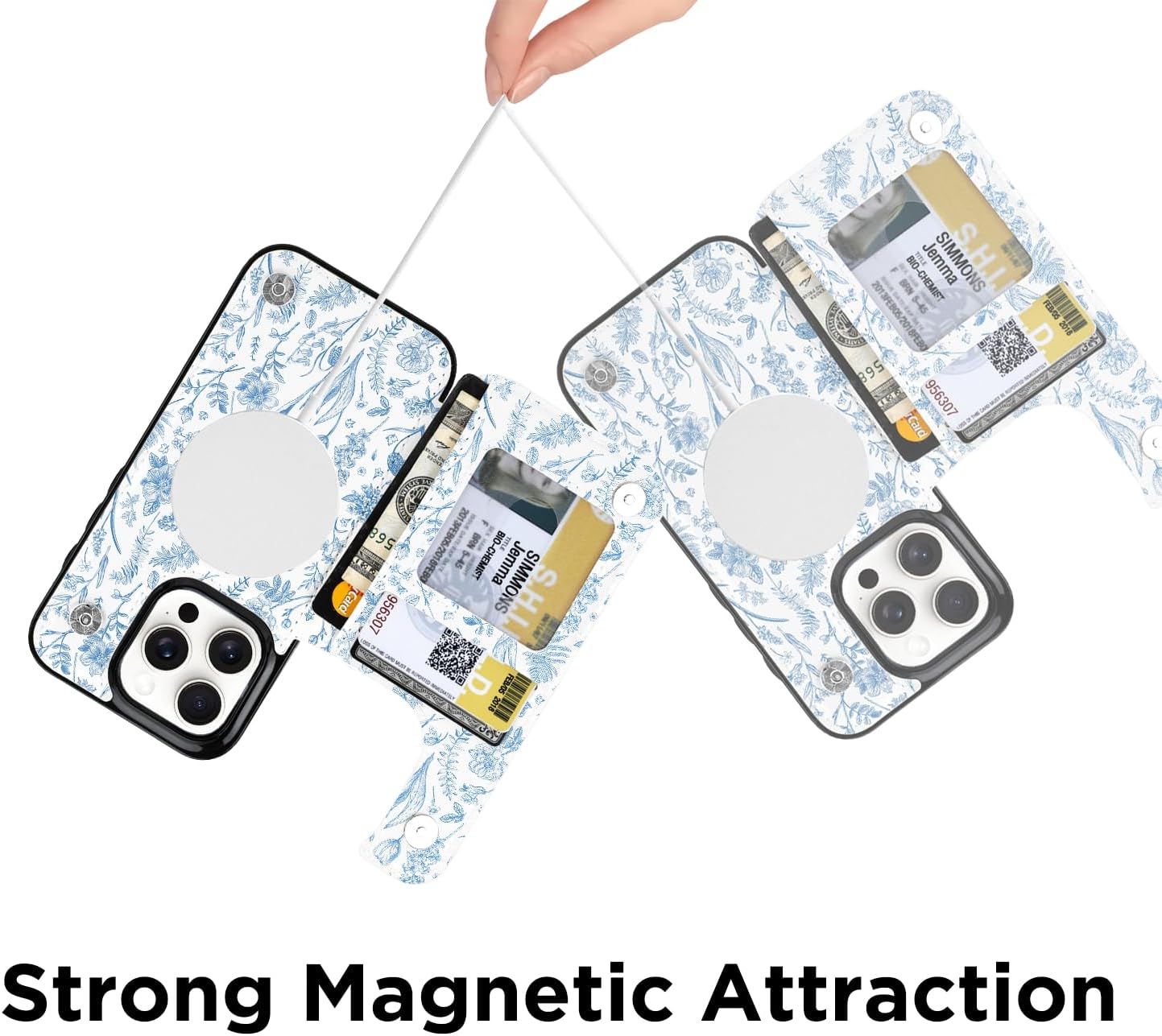 uCOLOR for iPhone 13 Pro Wallet Case Magsafe with Card Holder Slot【Compatible with MagSafe】 Folio Flip PU Leather Double Magnetic RFID Design 6.1" (Blue Toile Flowers) - Image 6