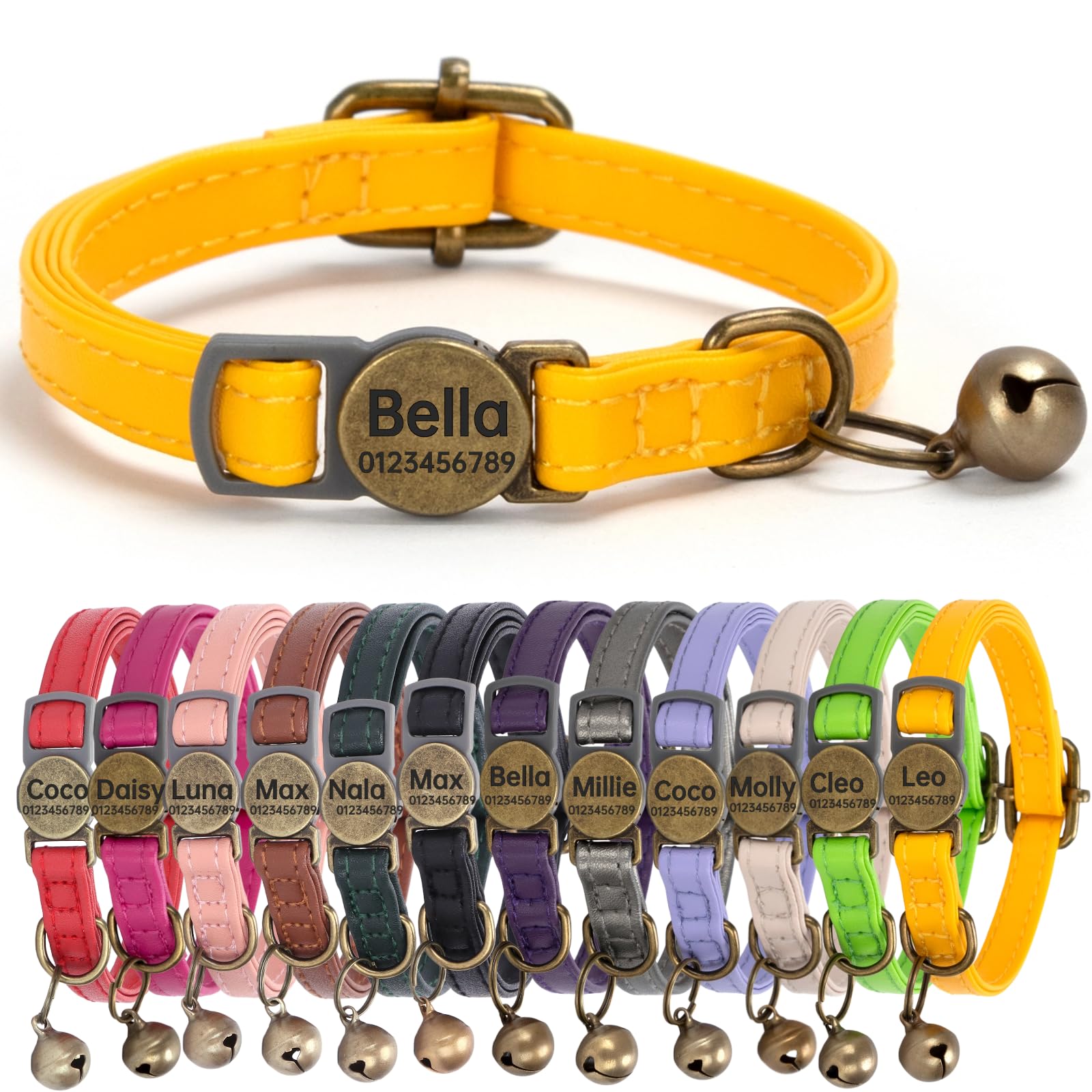 Genuine Leather Cat Collar Quick Release with Personalised Name Tag, breakaway Kitten Collars with Removable Bells & Safety Release, Engraved buckle, 19-30 CM Adjustable, (Vintage Yellow) — image 1