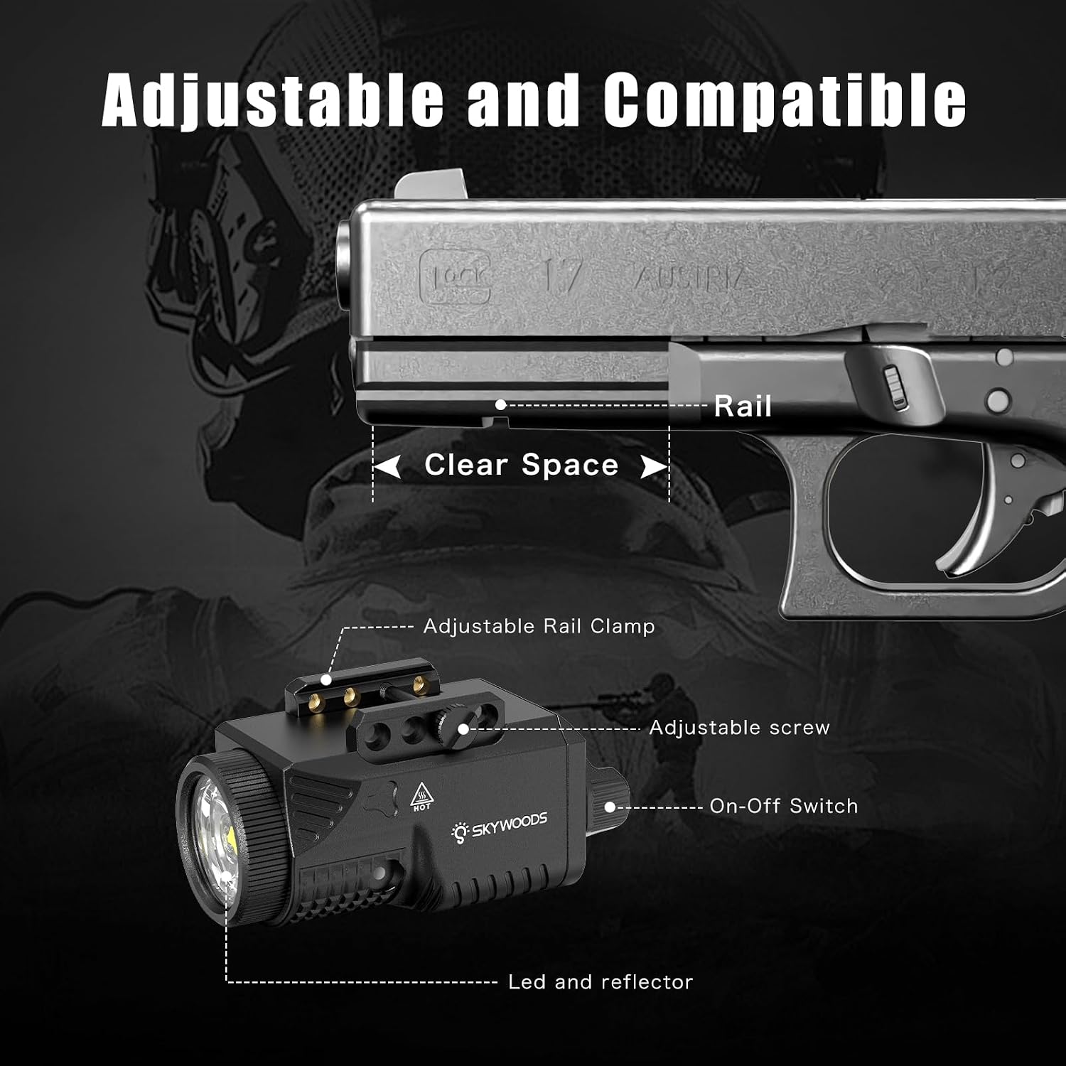 Pistol Light for Glock - 1200 Lumens Gun Light for Rifle AR Airsoft with Picatinny Rail, Tactical Weapon Flashlight Handgun Shotgun Lights, Strobe Mode, USB C 1000mAh Rechargeable Battery (3''*2''