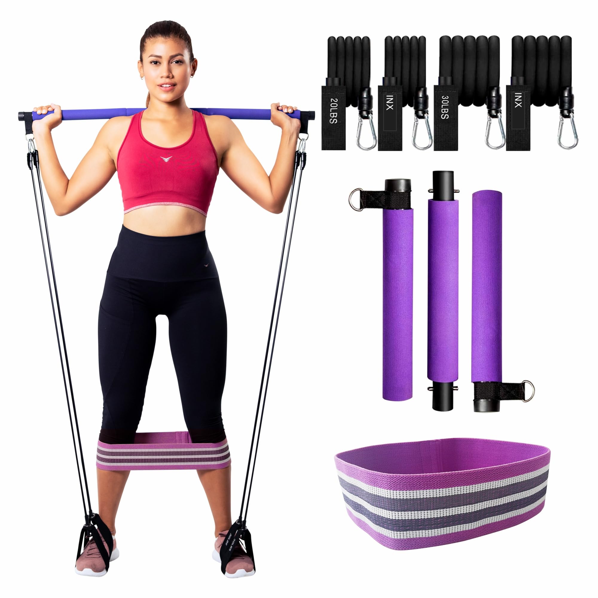 INX SPORTS Pilates Bar Kit with Resistance Bands (Up to 100lbs) - Portable Home Gym Equipment for Squats, Yoga, and Full Body Toning - 3-Section Steel