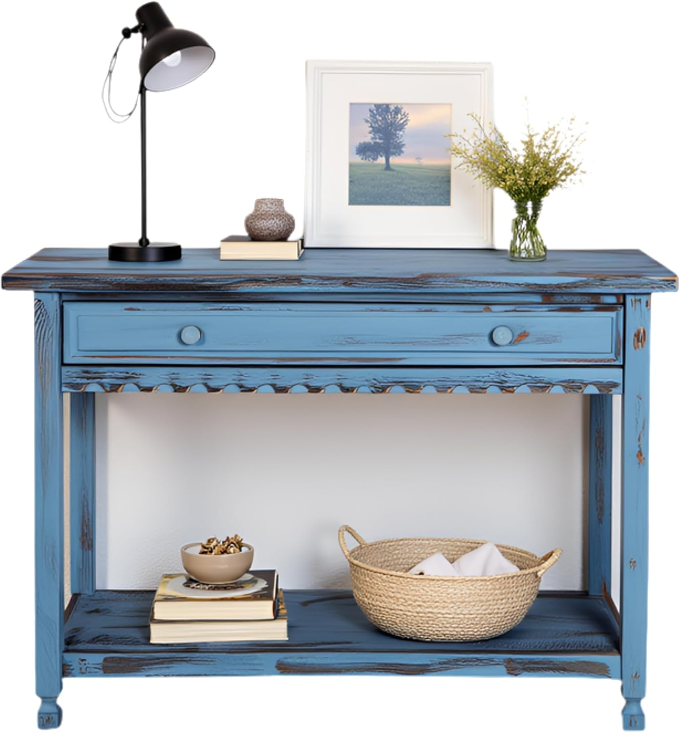 Country Cottage Console Table with Drawer and Shelf – 42-Inch Solid Pine and Acacia Wood Rustic Farmhouse Entryway Table for Hallway, Living Room or TV Stand by Alaterre Furniture (Antique Blue)