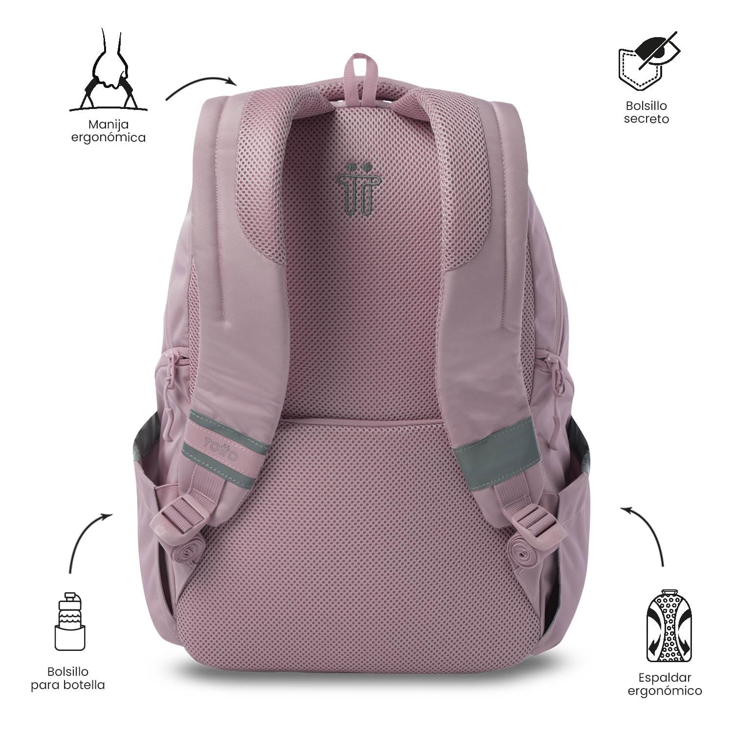 TOTTO - Mochila para Ordenador Portátil 13 Pulgadas, Modelo Eufrates 2.0, Compartimento Tablet 10", Cremallera con Argollas para Candado, Bolsillos Botella, Espaldar Ergonómico, Color Zephyr