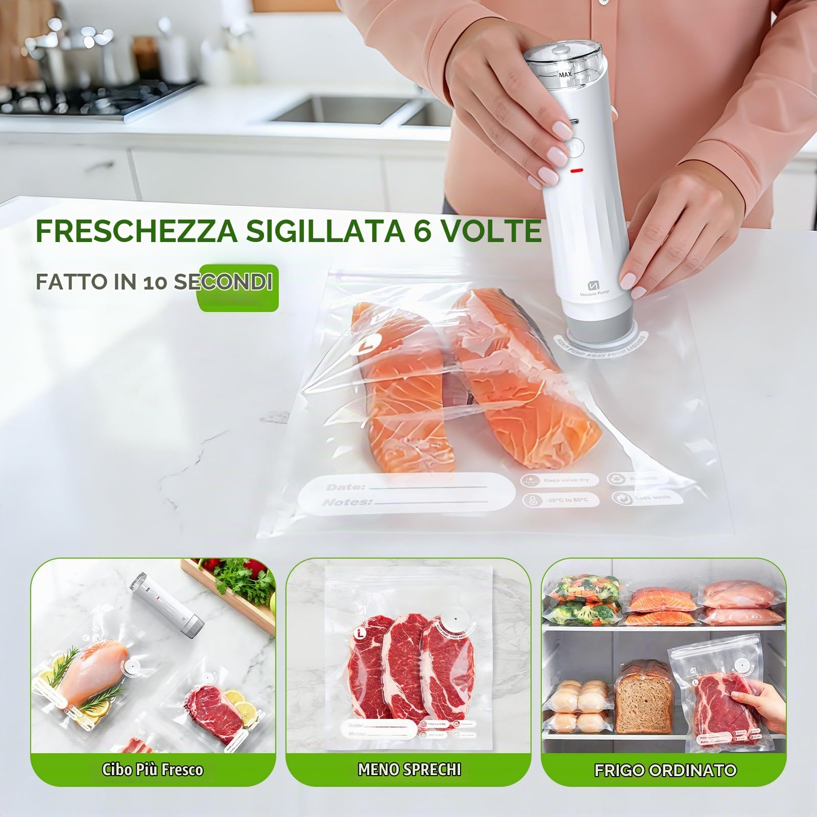 3 in 1 pratica macchina sottovuoto compatta con serbatoio d'acqua, saldatrice per alimenti con 15 sacchetti riutilizzabili, 10 coperchi per barattoli Mason, ricarica USB, freschezza garantita