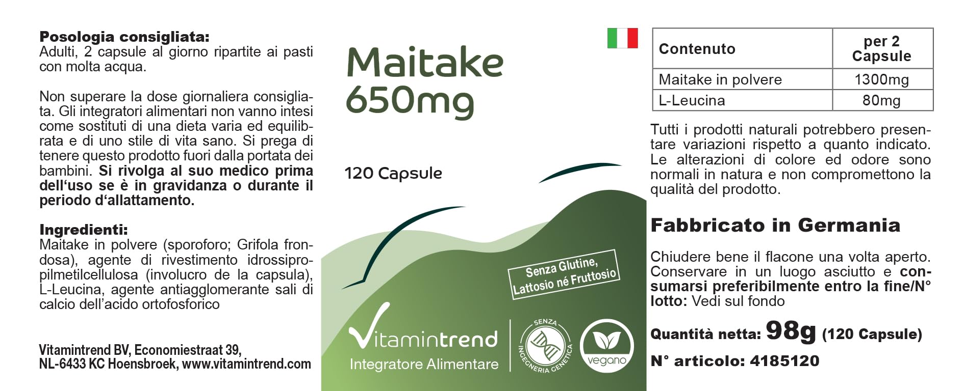 Vitamintrend Polvere di Maitake 650 mg, 120 capsule, ad alto dosaggio, adattogeno, integratore alimentare vegano senza stearato di magnesio, prodotto in Germania