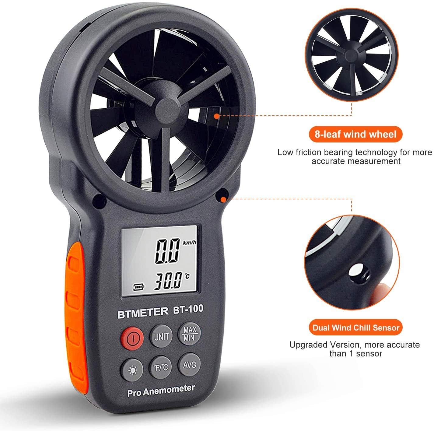 BTMETER BT-100 Anemometre Portable Anémomètre Numérique digital anémomètres, mesure de vent la Température avec MAX/MIN/AVG pour VMC Drones -2 Pièces