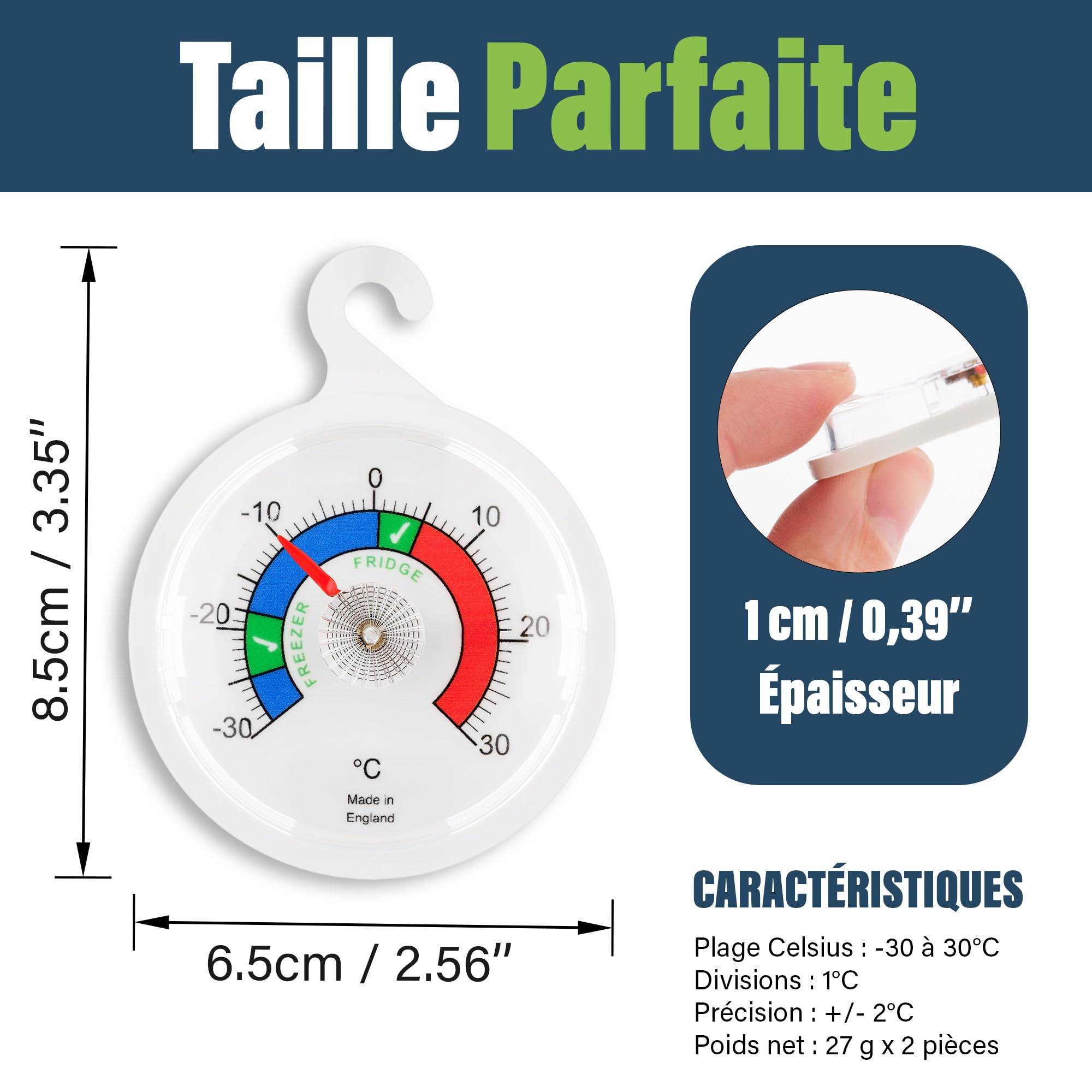 Lot de 2 thermomètres de réfrigérateur à cadran 65 mm zones colorées