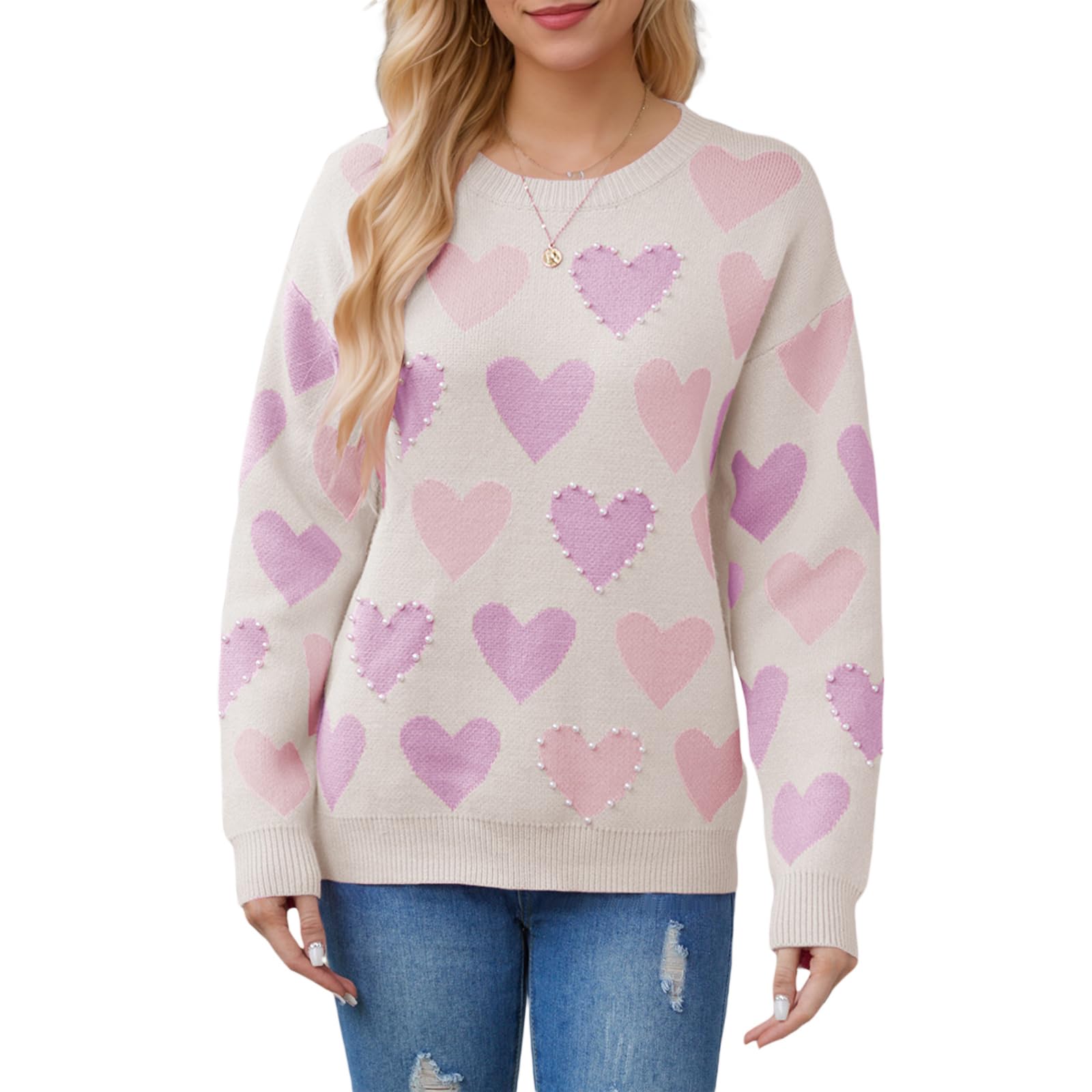 Women Pearl Sweater Love Heart Graphic Knitted Sweatshirts Cute Oversized Pullover Shirts