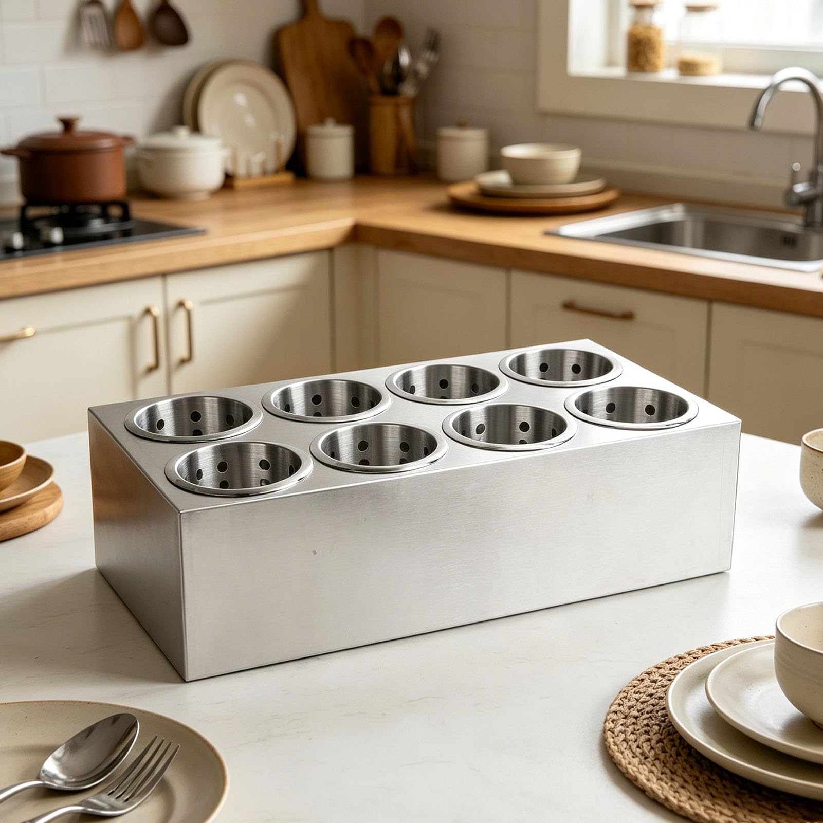 Soporte para Utensilios Cubiertos Cilíndricos 8 Compartimentos, Organizador Comercial Utensilios de Acero Inoxidable para Cucharas, Cuchillos y Tenedores, para Mesa Cocina