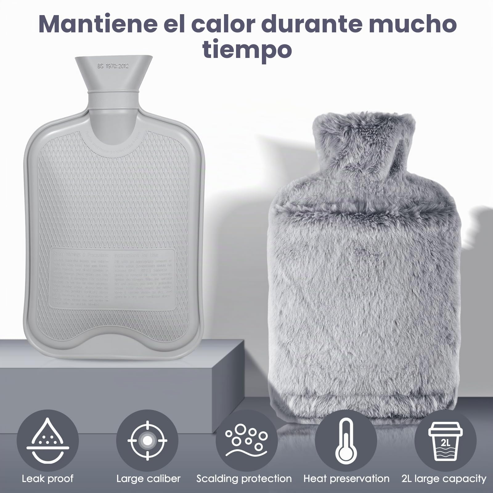 BOLEi Bolsa De Agua Caliente Con Funda, Bolsa De Agua Caliente Peluche Con Bolsillo De Canguro, 2L, Regalos para hombres y mujeres (Gris)