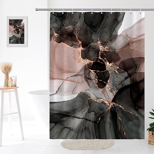 Seorsok Cortina de ducha de mármol rosa dorado, cortina de ducha de lujo con degradado de mármol dorado y negro para decoración de baño, textura de