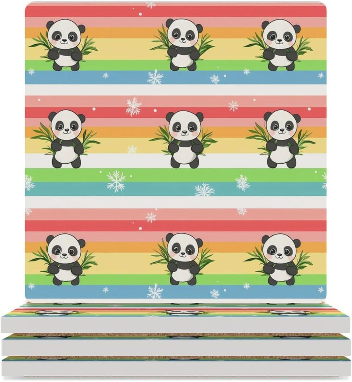 Rainbow Pandas Funny Ceramic Coasters for Drink Absorbent Cup Holders Tabletop Protection