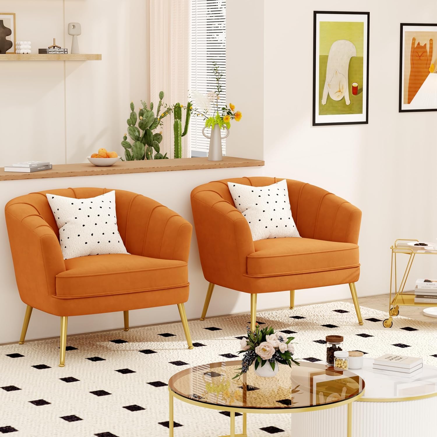 The Sofa Studio - Classic Chasterfield Accent Velvet Chair Set of 2 Channel Tufted Armchairs with Golden Matel Legs for Living Room, Bedroom, Drawing Room (Orange)-image-11