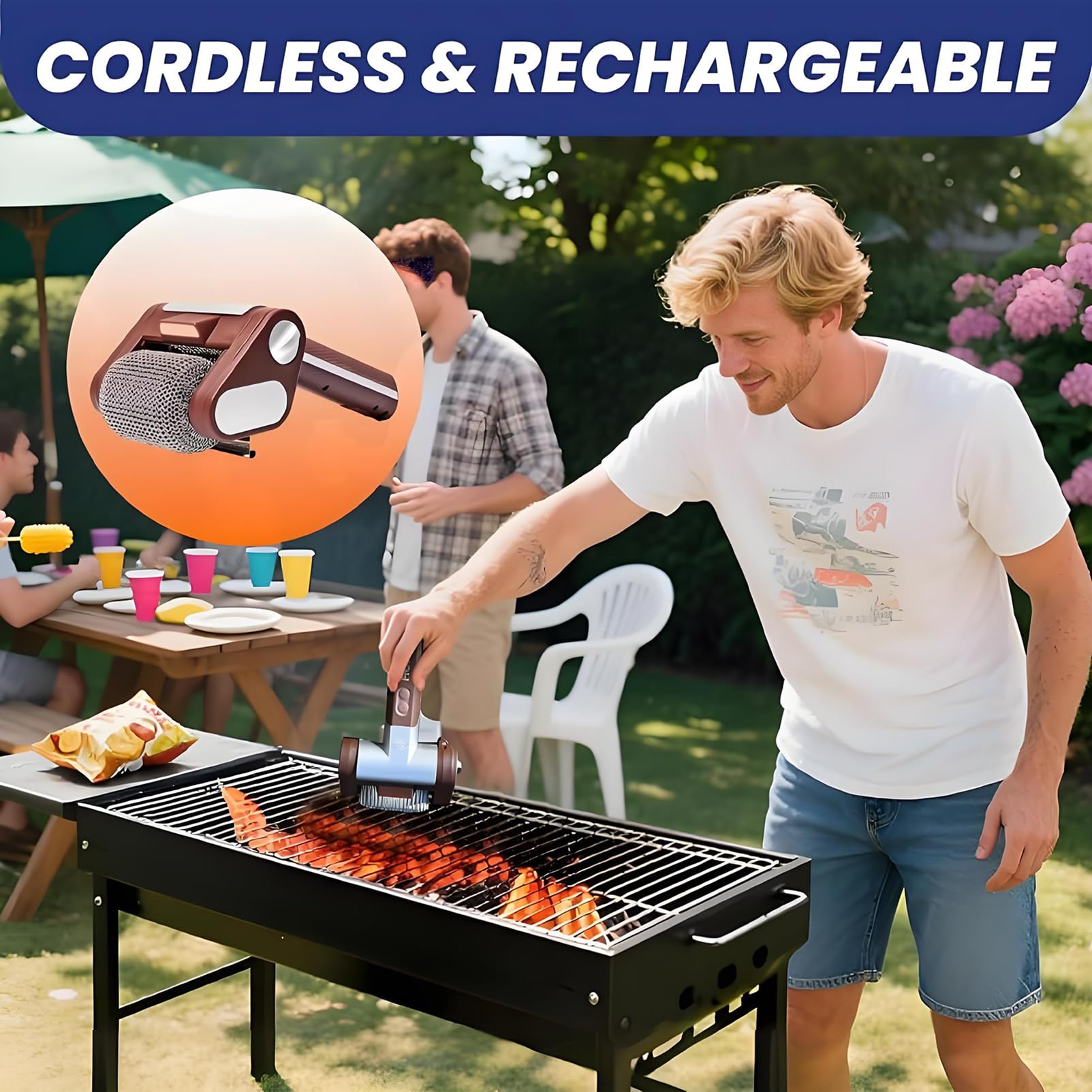 Spazzola per barbecue senza fili, ricaricabile, con rullo in acciaio inox, luce LED, testa lavabile in lavastoviglie, 350 giri/min, senza setole, strumento perfetto per barbecue