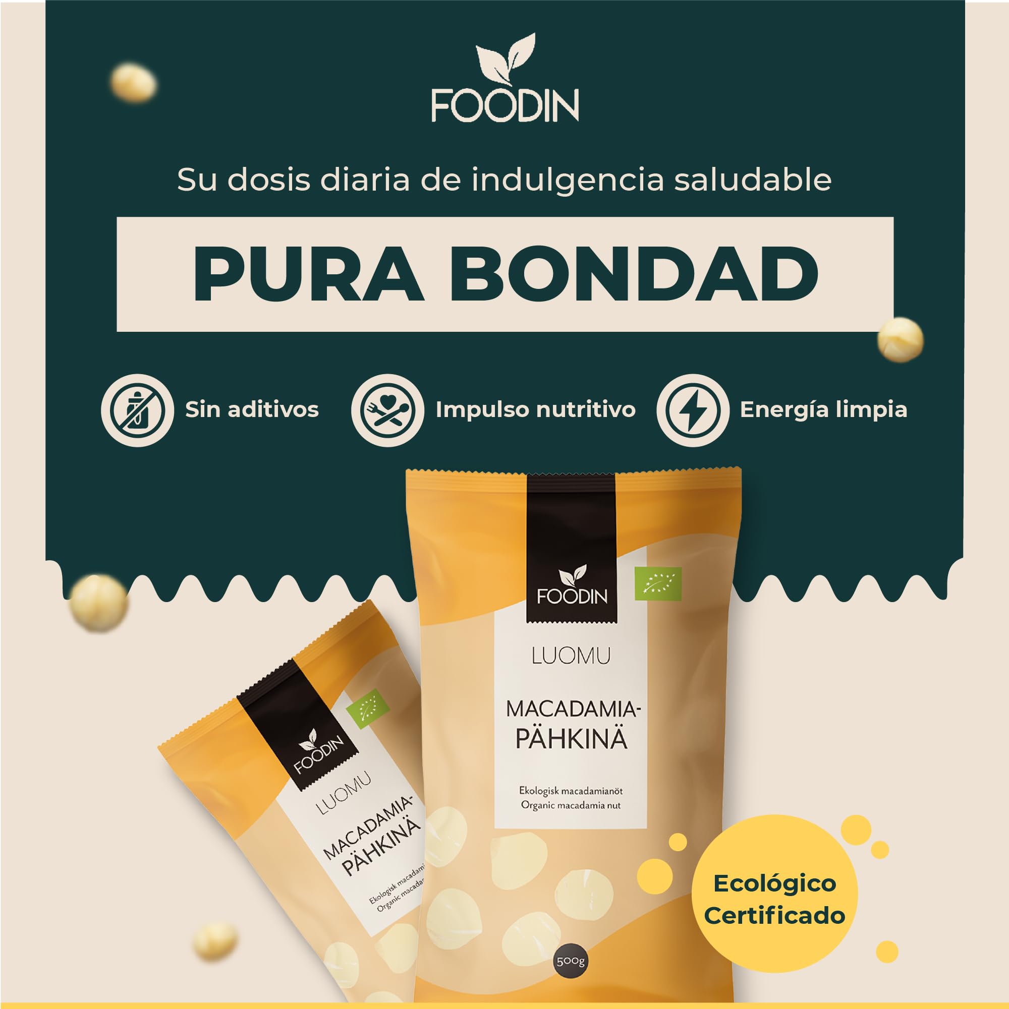 FOODIN Nueces de Macadamia Orgánicas 1 kg (2 x 500 g) – Crudas, Sin Gluten, Veganas, Keto – Frutos Secos Naturales para Snacks, Cocina y Postres