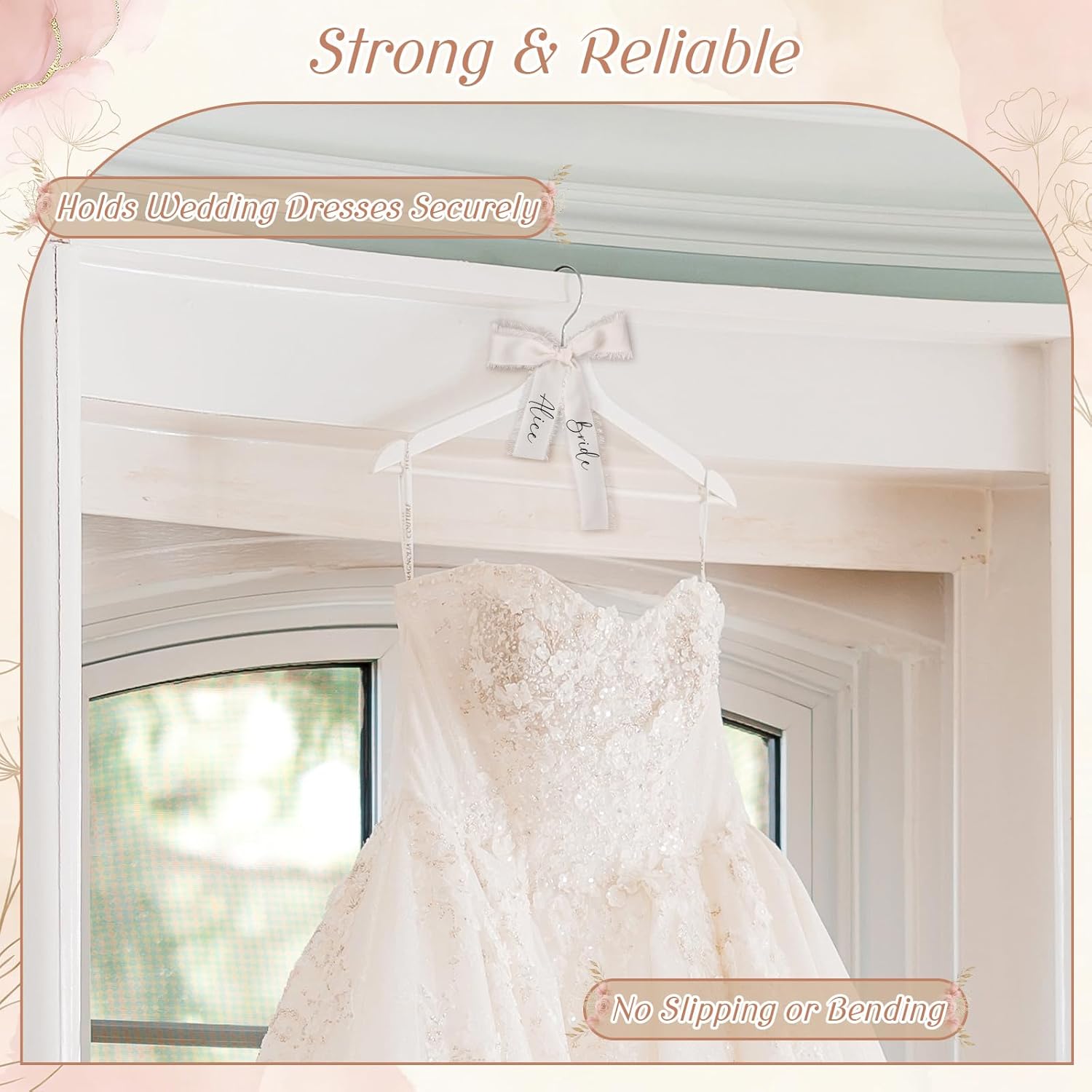 Chunful 10 Pack Personalized Bride Hanger for Wedding Dress Custom Name White Wooden Bridal Hangers with UV Dtf Transfers Natural Wood Dress Hanger with Ribbon Bow Bride Wedding (Silk Ribbon,Ivory)