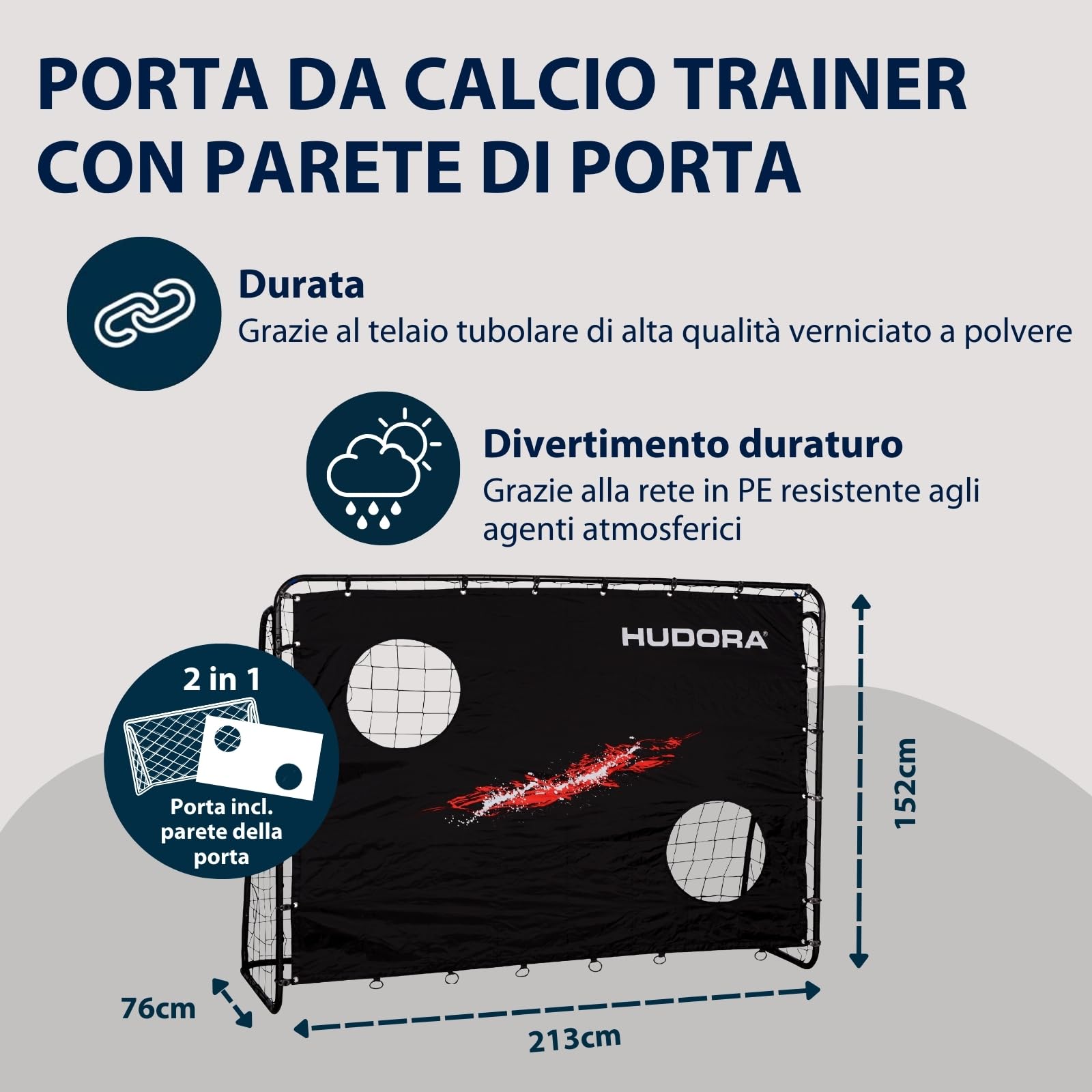 HUDORA Porta da Calcio Trainer Con Parete per Goal - Robusta da Esterno per Bambini e Adulti, Con Due Fori Bersaglio Rinforzati, Impermeabile per Training e Divertimento