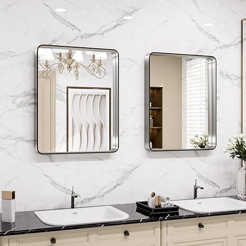 Miniatura 435 de LOAAO - Espejo de tocador para baño con marco de metal negro mate de 24 x 32 pulgadas para pared, rústico, rectangular, grande, redondeado