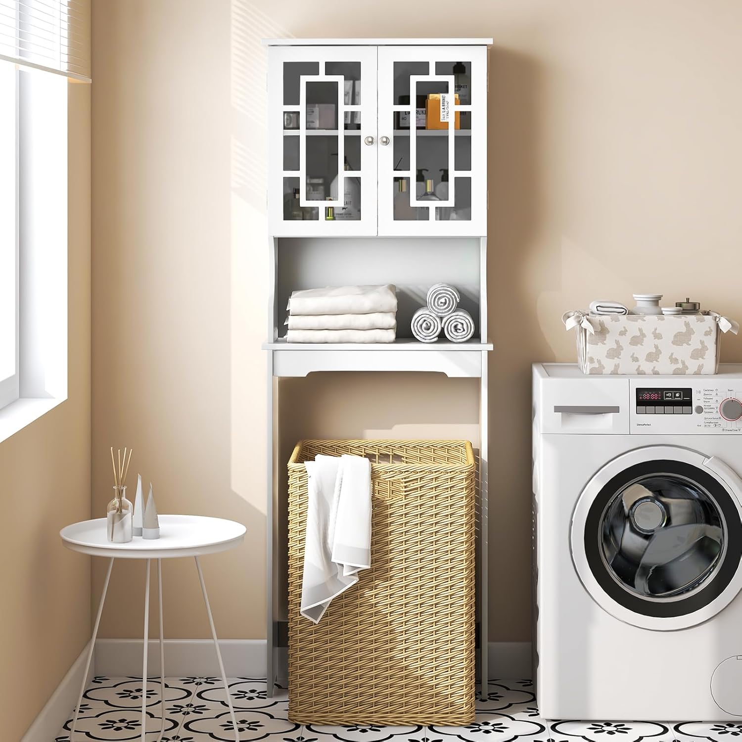 Over The Toilet Storage Cabinet, Freestanding Bathroom Rack Space Saver with Double Glass Doors & 3-Position Adjustable Shelf, Wooden Bathroom Organizer (White)