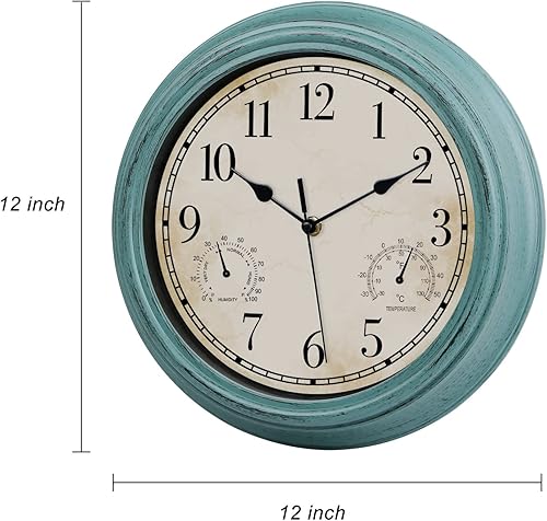 Miniatura 5 de Reloj de pared retro impermeable de 12 pulgadas para interiores y exteriores, con termómetro e higrómetro, funciona con pilas, reloj de pared