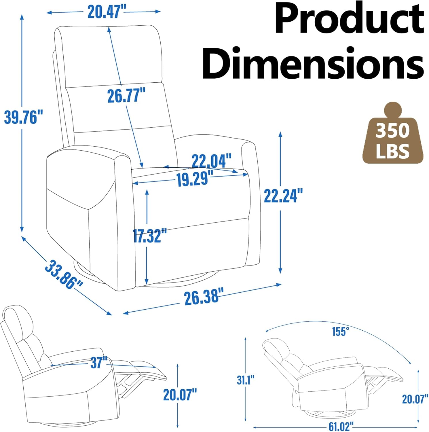 Slim Lazy Boy Recliners for for Adults, Swivel Rocking Chair Recliner with High Back, Small Recliner Chair for Small Spaces, Manual Reclining Chair for Living Room, Adjustable Footrest (Khaki)