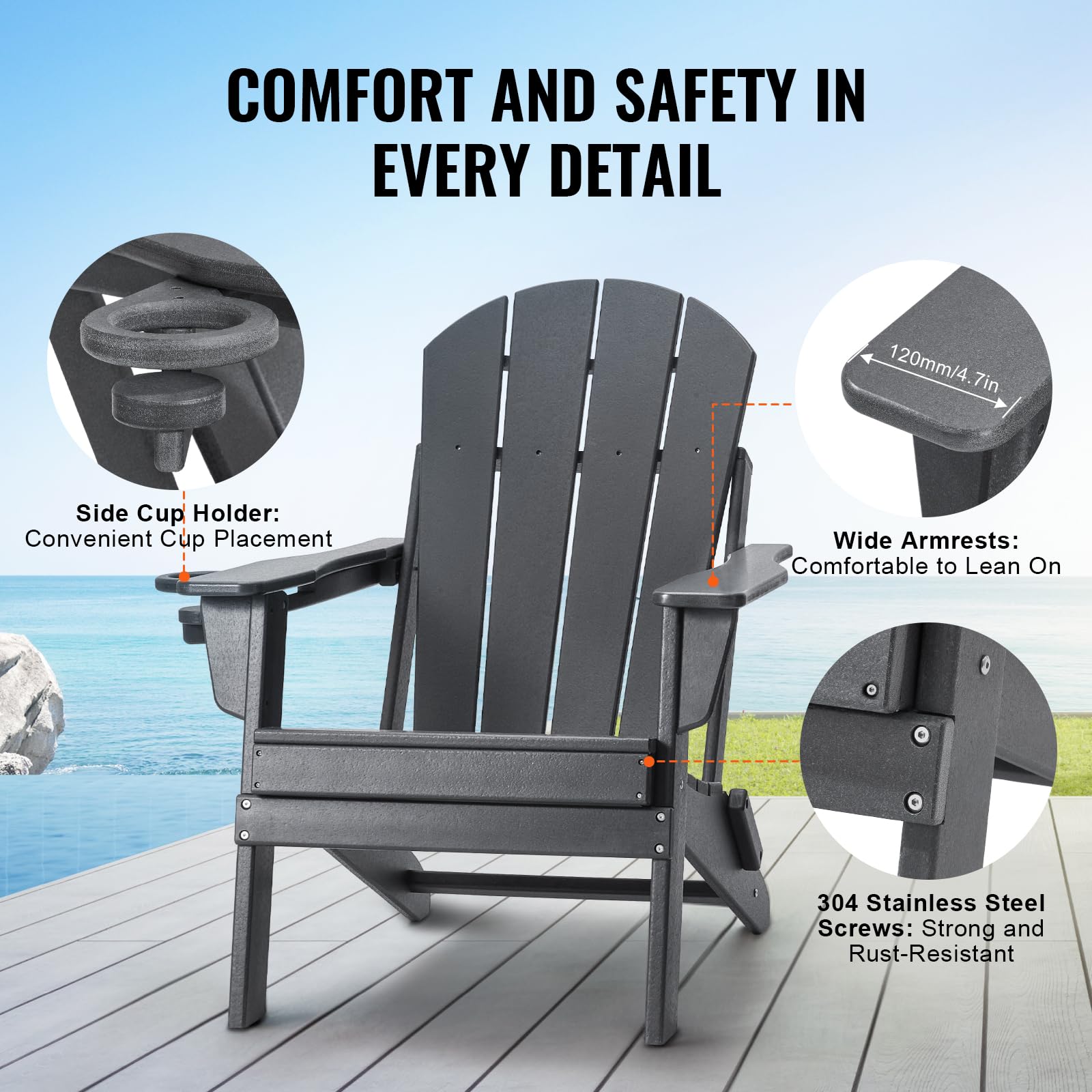 VEVOR Chaise Adirondack en Plastique, Lot de 2, Fauteuil de Jardin Pliant Portable, Charge 181,4 kg, avec Porte-Gobelet, Accoudoir Relaxant, pour Toutes Saisons, Extérieur, Patio, Arrière-Cour, Gris
