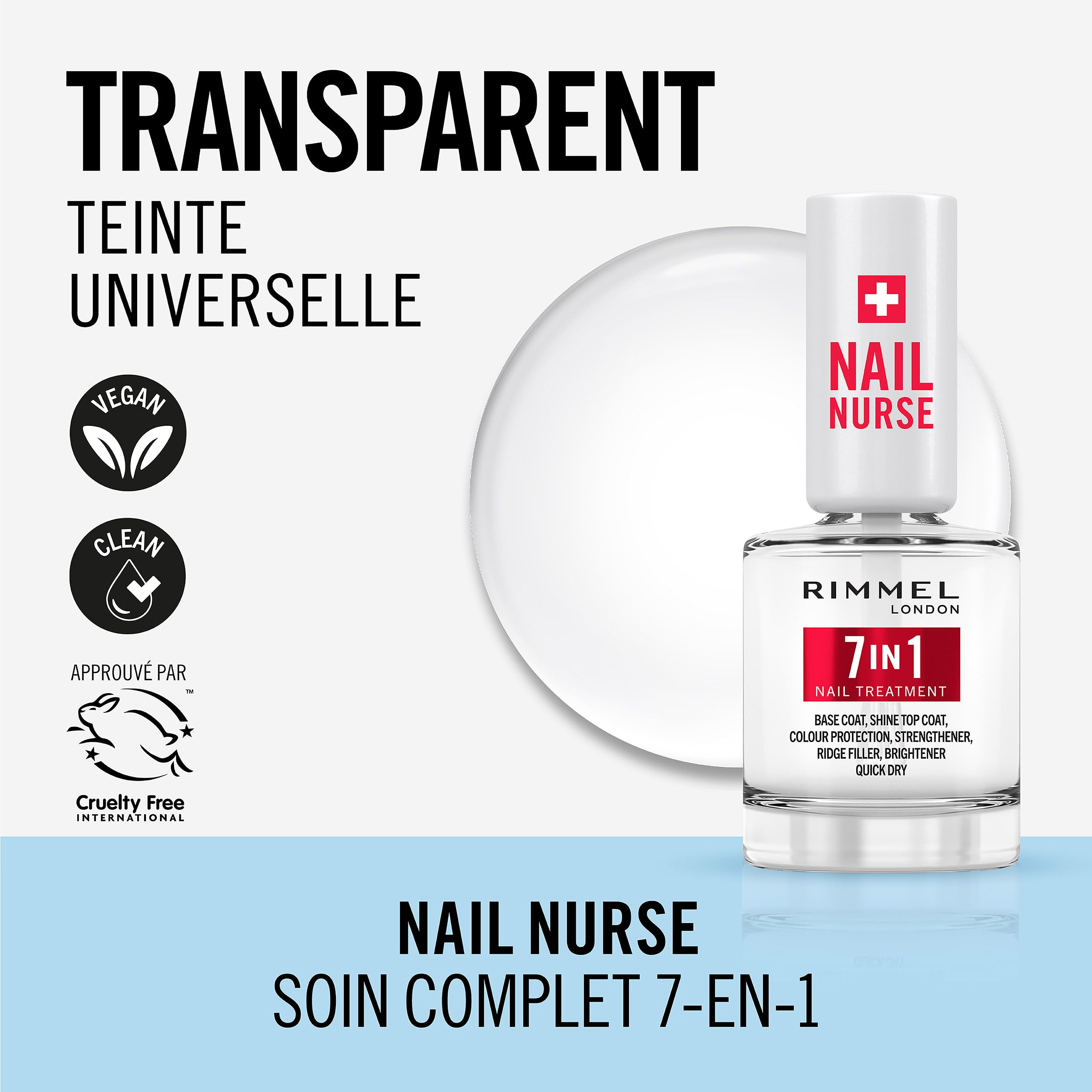 Rimmel London Soin des ongles - Base & Top Coat 7 en 1 polyvalents, sèche rapidement, fini lisse, protège les ongles, scelle la couleur, formule vegan 12 ml