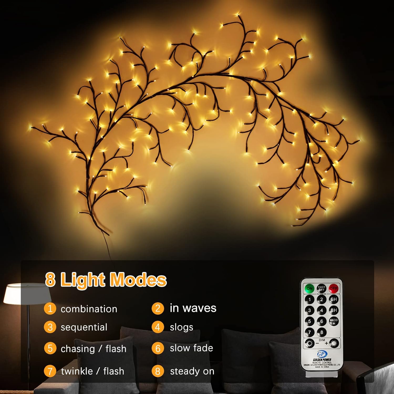 THKFUL Enchanted Willow Vine Lights with Remote, 8FT Willow Vine Tree Branch Lights Christmas Artificial Plants Tree Branches Light,144 LEDs Lighted Twig Vine Plug in for Room Home Outdoor(1PCS)