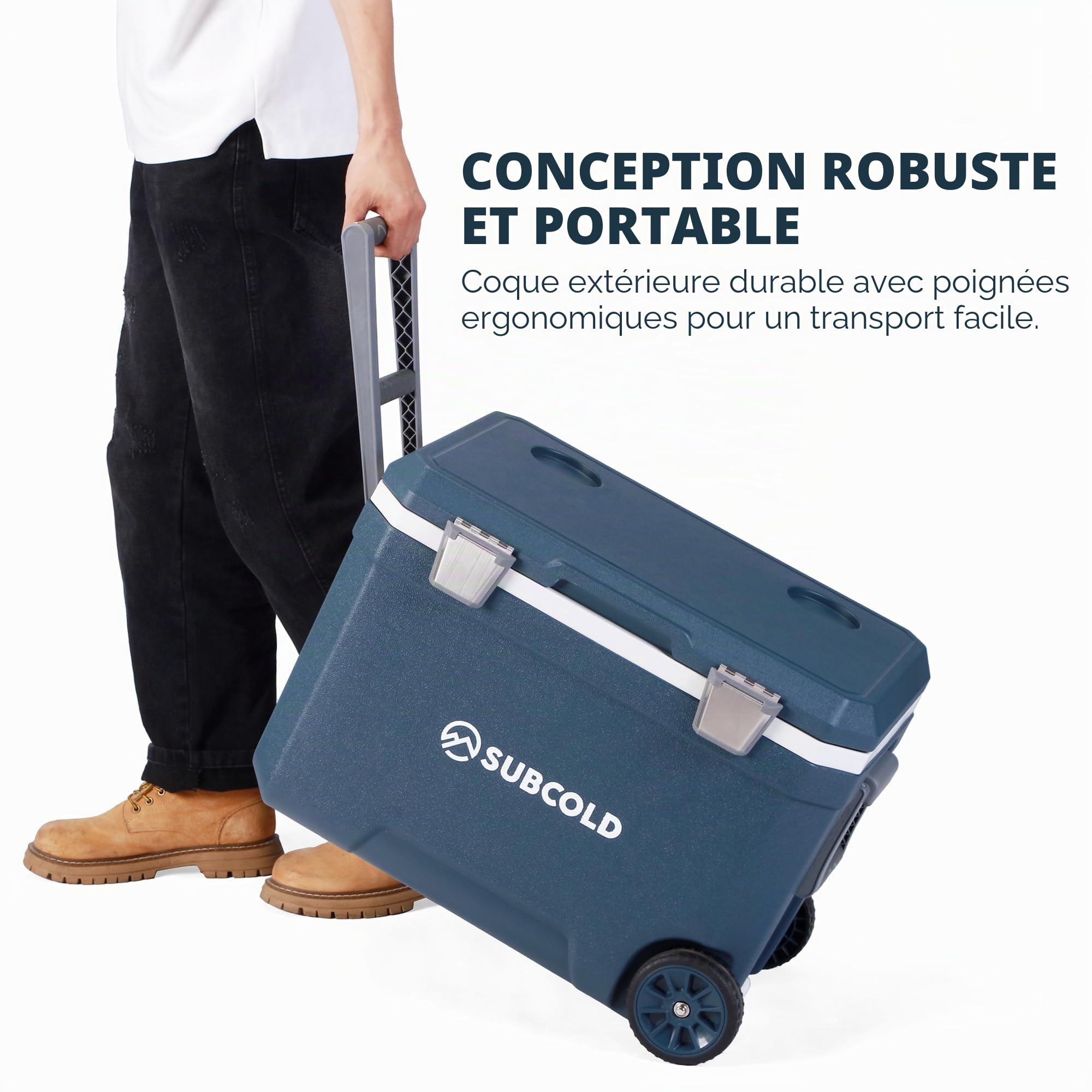 Subcold MOBI Glacière à roulettes, bleu, 45 L, isolation en mousse PU | Glacière isotherme à roulettes avec poignées et drainage, glacière pour voyage, voiture, camping et plein air