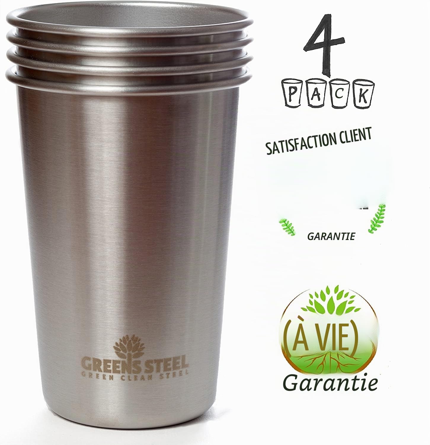 Greens Steel Gobelet en Acier Inoxydable Premium #1, 475ml, Gobelet Inox Enfant et Adulte (Lot de 4) - Verres en Métal Premium - Tasse Empilable, Durable