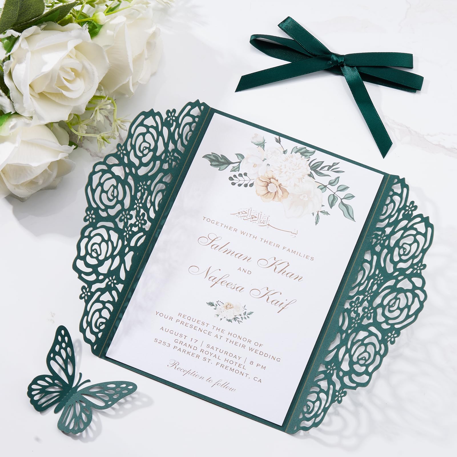 Smaragdgrüne Hochzeitseinladungen mit Umschlägen und RSVP-Karten, Blanko-Innenkarten, Bändern, für Hochzeit, Babyparty, Quinceañera-Party-Einladungen, 50 Sets