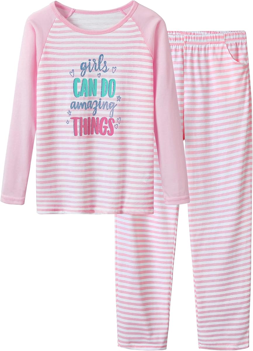 Cozchique Girls 2-Piece Adorable Cartoon Print Soft Pajama Set Size 6-18 | Premium Cotton Blend Fabric, 2-Piece PJs, Cute Jammies for Little & Big Girls, Ideal for Lounging and Sleeping