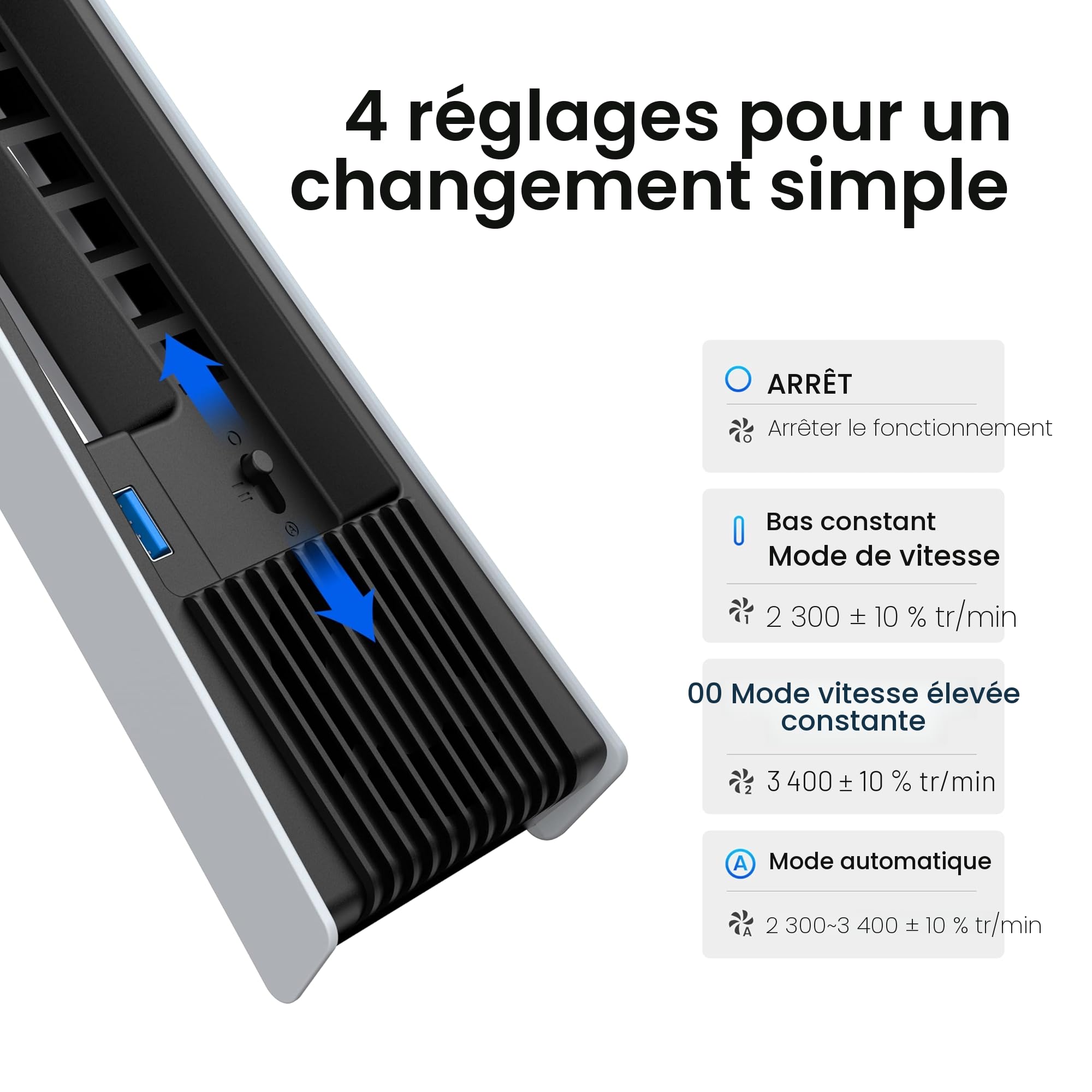 KIWIHOME Ventilateur pour PS5 Pro, 4 Ventilateurs à 36 Pales, Vitesse Auto | Convient à la PS5 Pro 2024 avec trois lignes horizontales sur le panneau latéral. Non compatible avec PS5 2020 ou Slim 2023