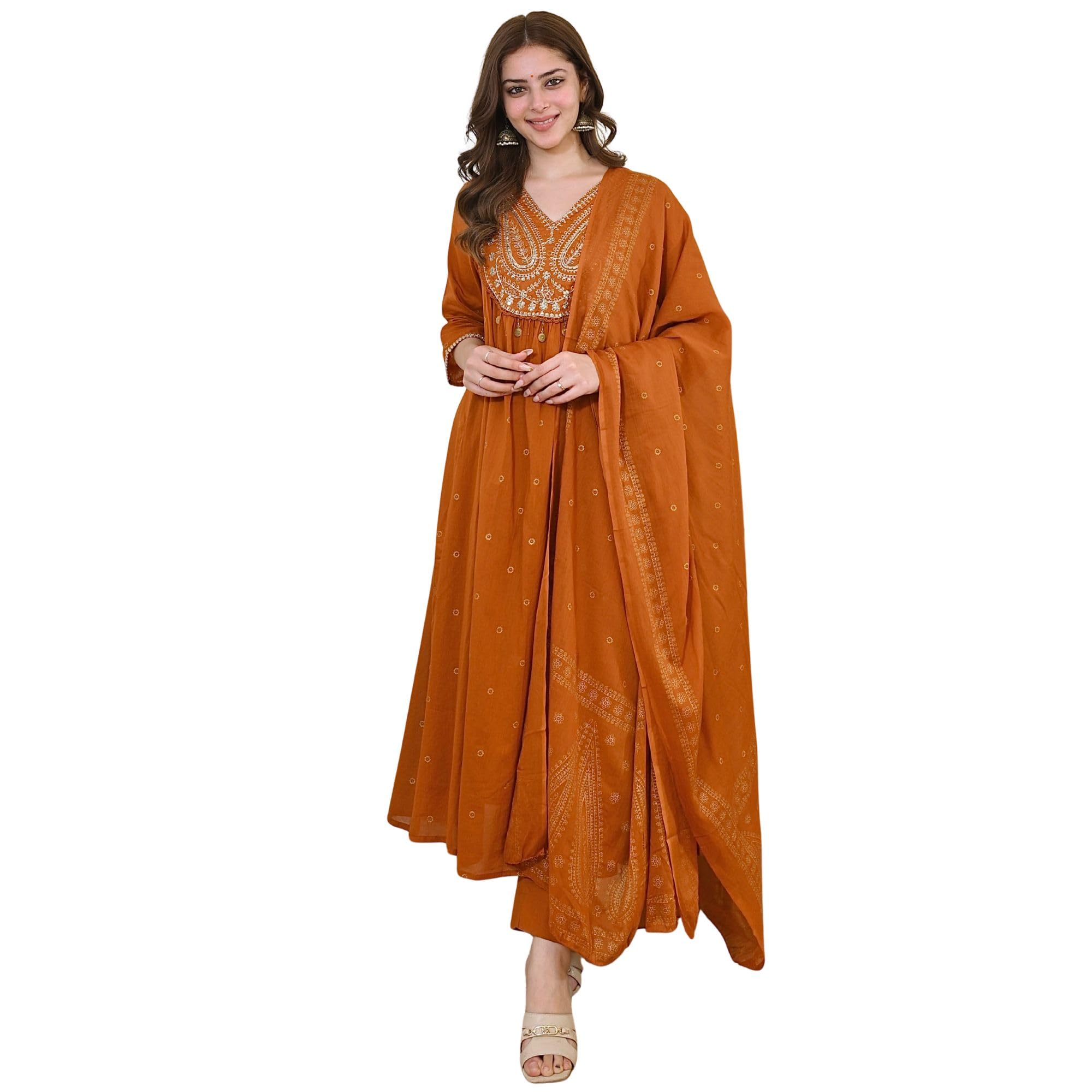 piludi Women Embroidered Anarkali Kurta Set with Dupatta | Ethnic Cotton Blend Kurti with Pant-picture-35