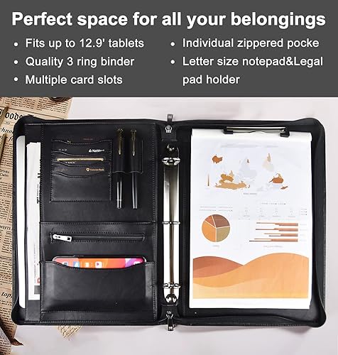 Miniatura 3 de Nombre grabado gratis Carpeta personalizada para él y ella, carpeta organizadora de 3 anillas de cuero vegano con bloc de escritura A4 con