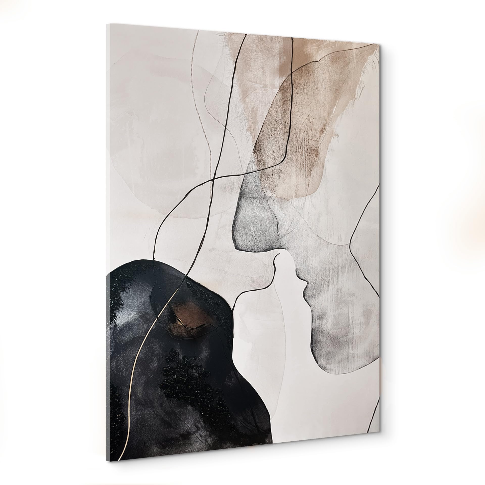 STYLER Quadro su tela Kiss 70 x 100 cm - Disegno di linee astratte in tonalità beige, nere e naturali - Moderna tela dipinta a mano della collezione Whispers of Form