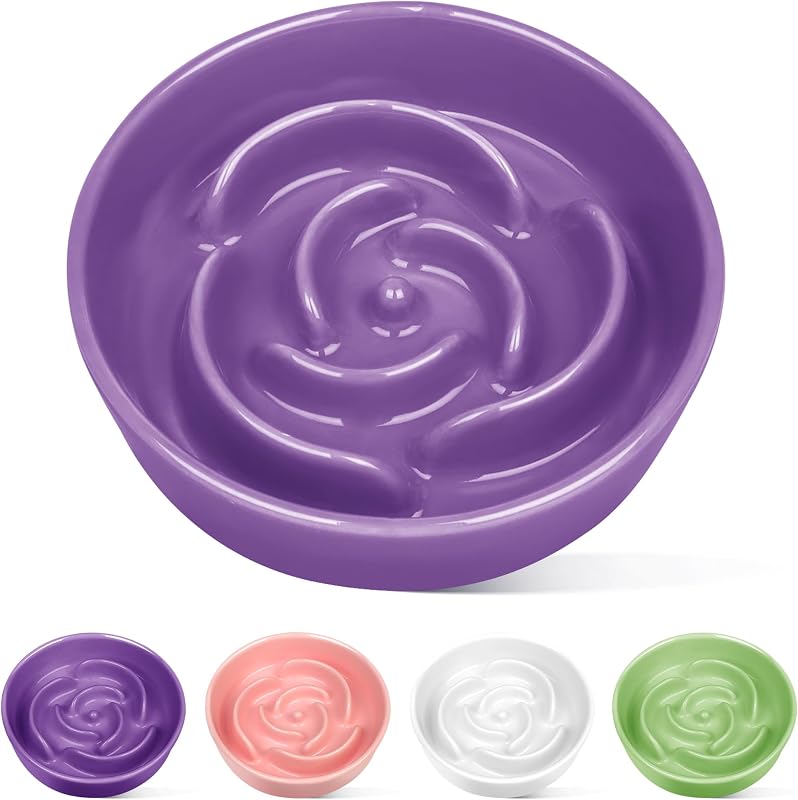 Comedouro lento de cerâmica TRUVIC com labirinto de pétalas para cães pequenos e gatos, roxo, 0,6 xícara