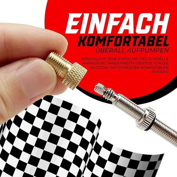 Pitlane Performance® Adaptateur Valve Vélo Presta Schrader en Laiton avec Bouchons de Valve, Compatible Pompe à Air et Compresseur, Lot de 4 pour Vélos Route, VTT et Vélos Électriques - 3