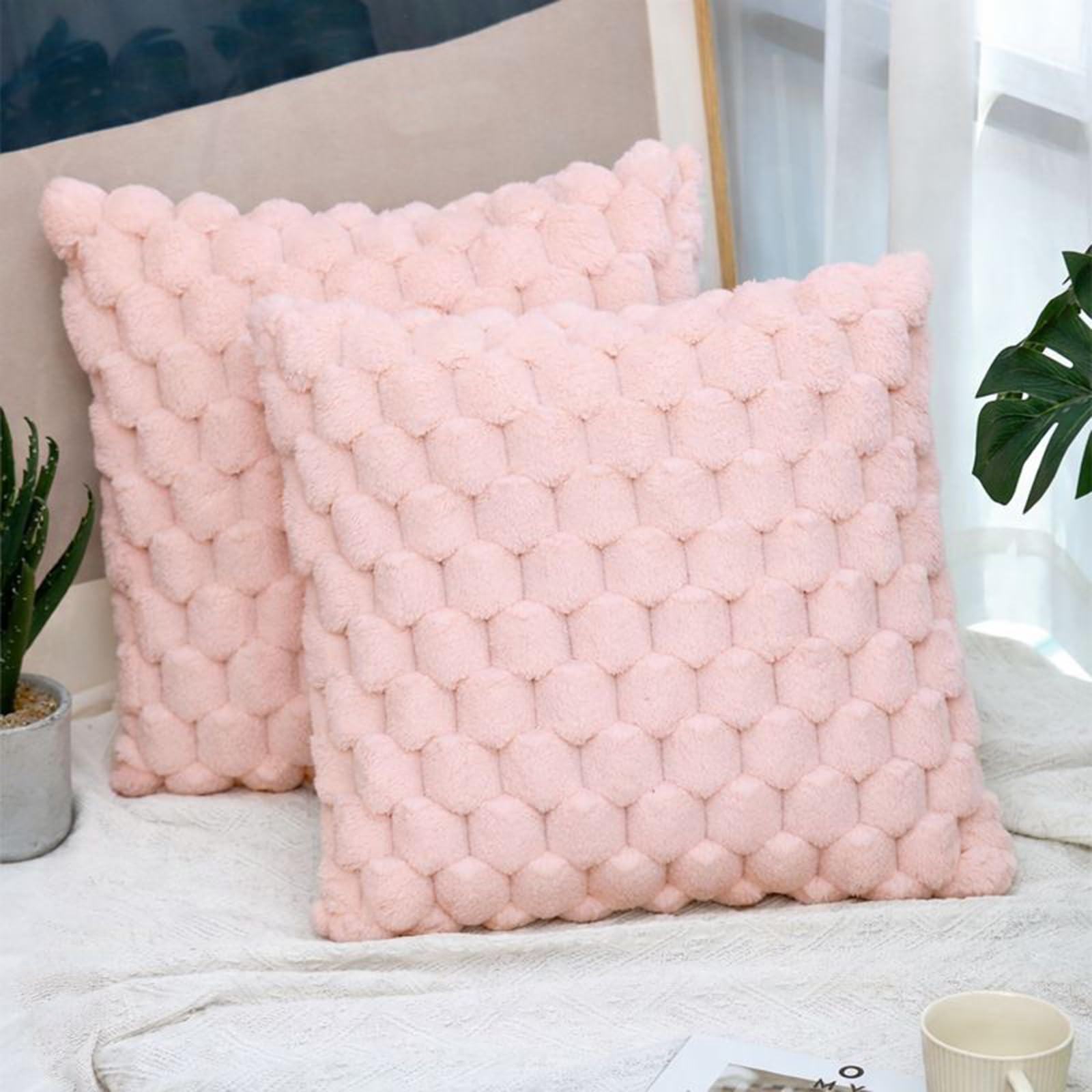 Gemdoit Pack of 2 Pink Plush Cushion Covers 45 x 45 cm, Pineapple Texture Plush Cushion Cover, Home Decoration Pillowcases Suitable for Living Room Sofa Bedroom — image 1