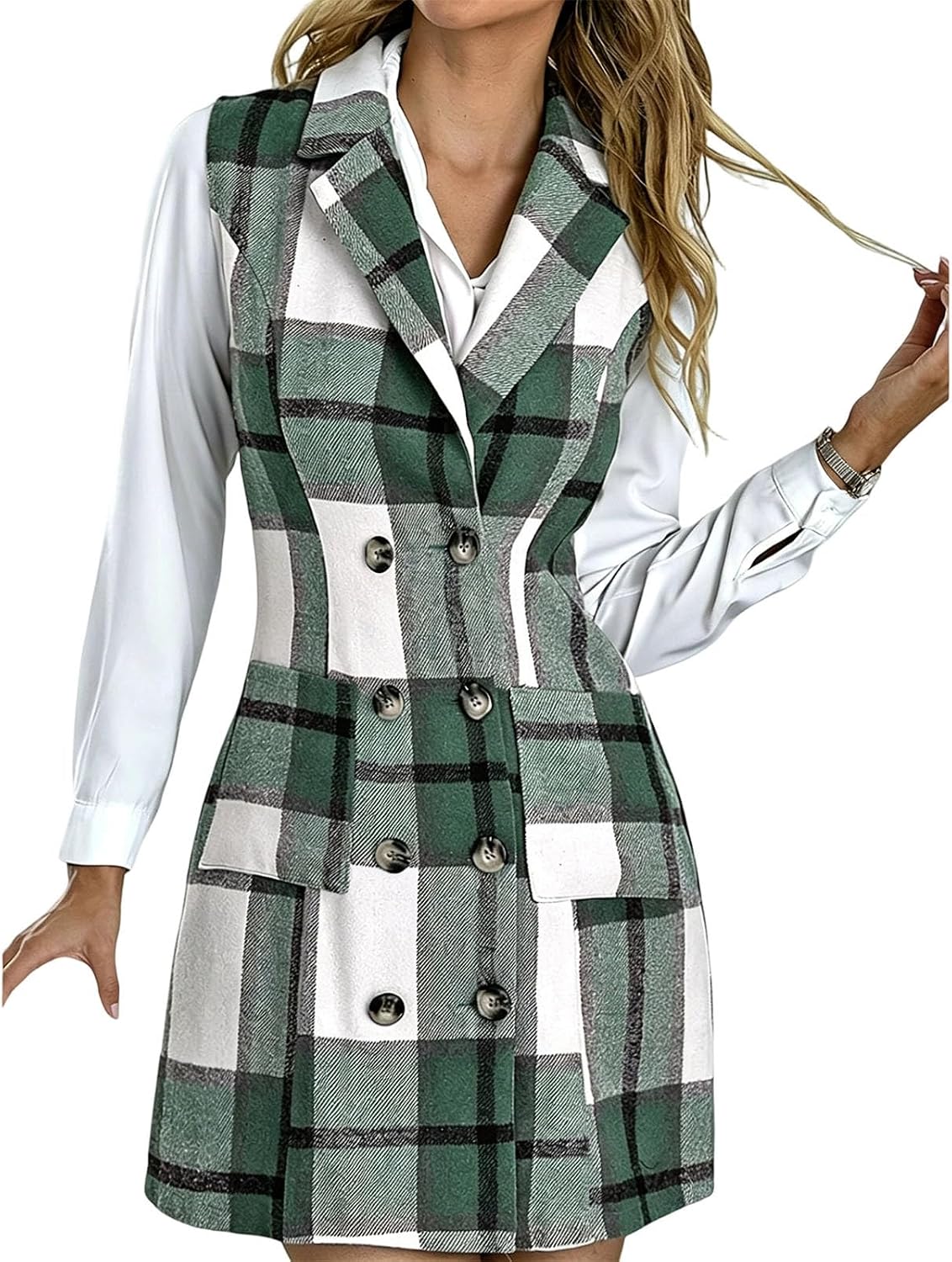 Women's Double Breasted Plaid Vest Collared Classic Longline Gilet