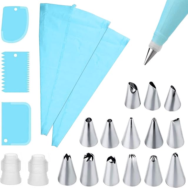 Piping Bags and Nozzles Set of 21 Pcs with 2 Converters, 14 Stainless Steel Piping Nozzles, 2 Reusable Piping Bags,3 Plastic Scrapers for Decorating Cakes & Cupcakes