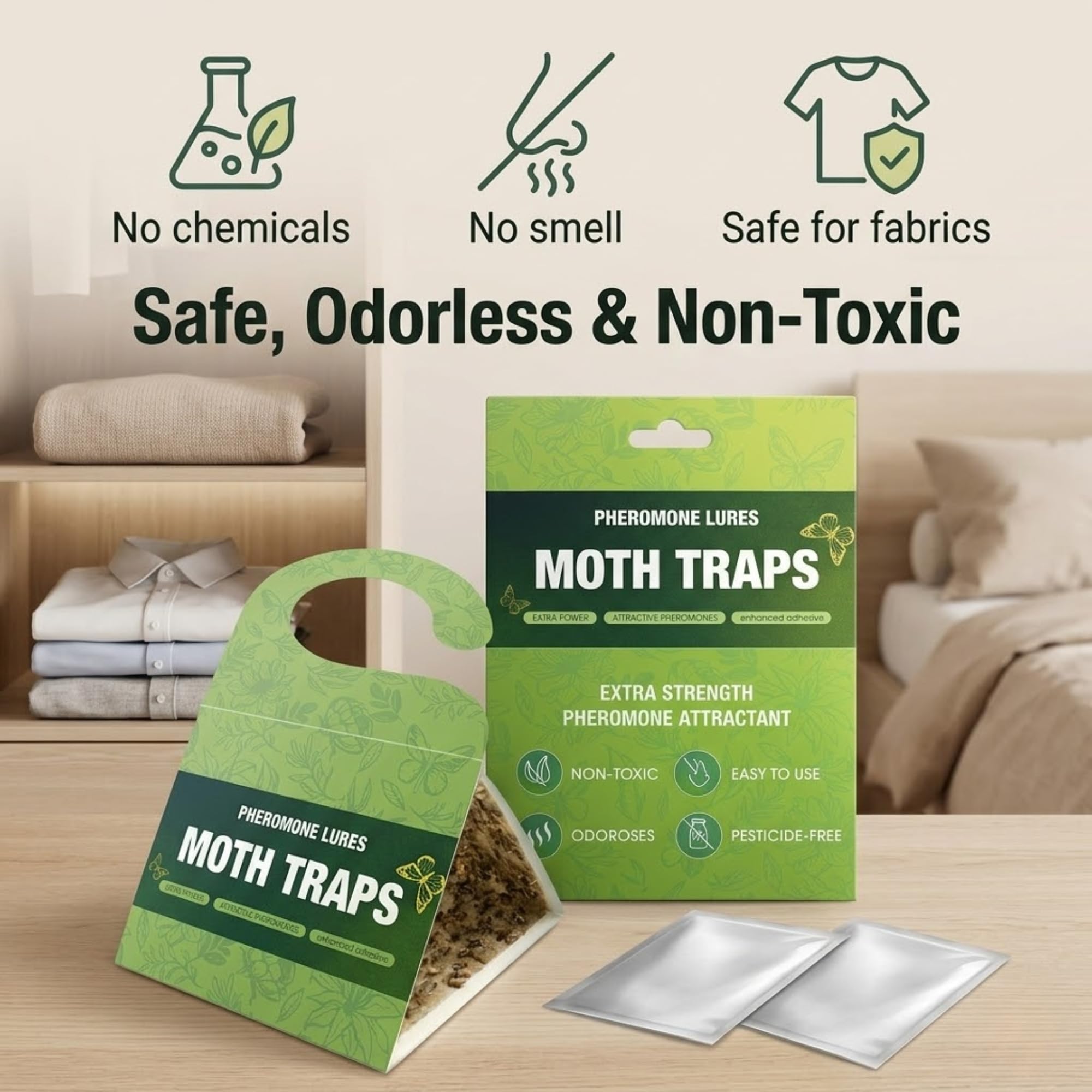 Clothes & Carpet Moth Traps with Pheromone Lure (Light Green | 5 Pack) – Hanging Sticky Moth Catcher for Closet, Wardrobe & Carpet Protection, Non-Toxic Odorless Moth Trap for Clothes Storage — view 6